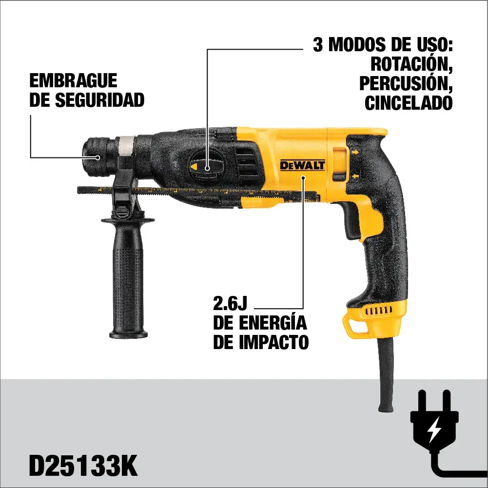 Martillo rotativo eléctrico DEWALT D25133K con embrague de seguridad, 2,6 julios de energía de impacto y tres modos de uso: rotación, percusión y cincelado. La herramienta se muestra con mango lateral, diseño negro y amarillo, y cable de alimentación.
