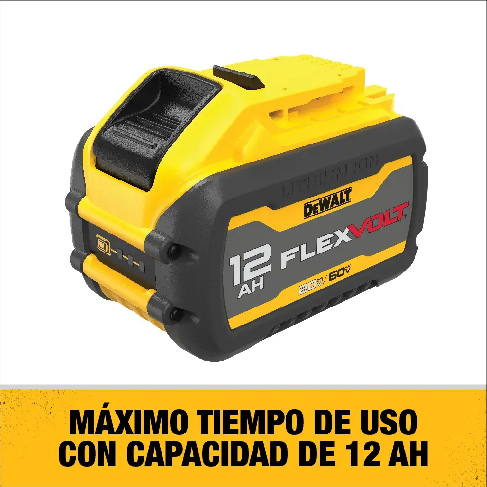Imagen de una batería de ion de litio DEWALT FLEXVOLT de 12Ah, modelo DCB612, con diseño amarillo y negro. Debajo de la batería hay un gráfico con el texto: 'Máximo tiempo de uso con capacidad de 12Ah.'