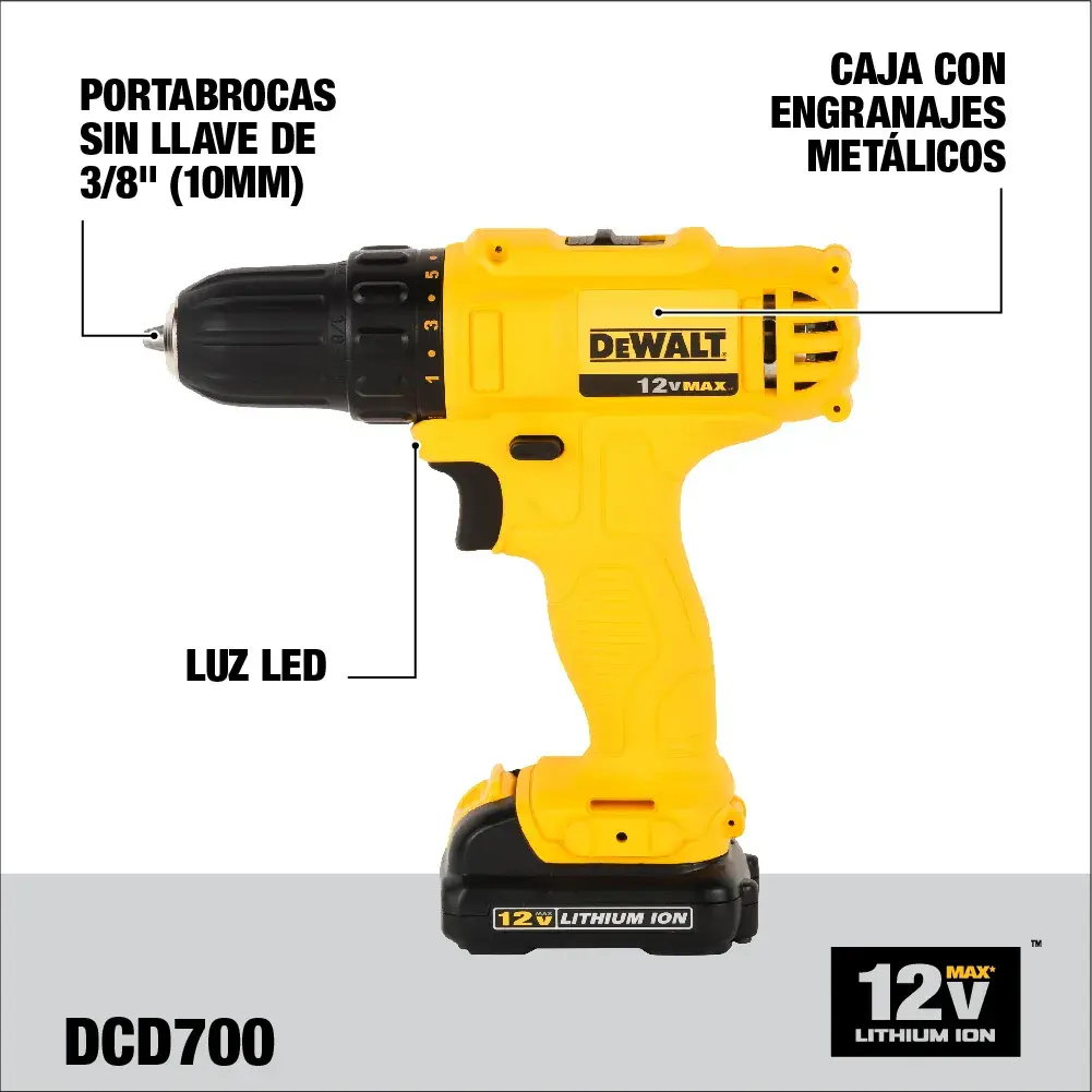 Imagen de un taladro inalámbrico amarillo DEWALT, modelo DCD700, con batería de ion de litio de 12V. Se destacan características principales: portabrocas sin llave de 3/8'' (10mm), luz LED y caja con engranajes metálicos.