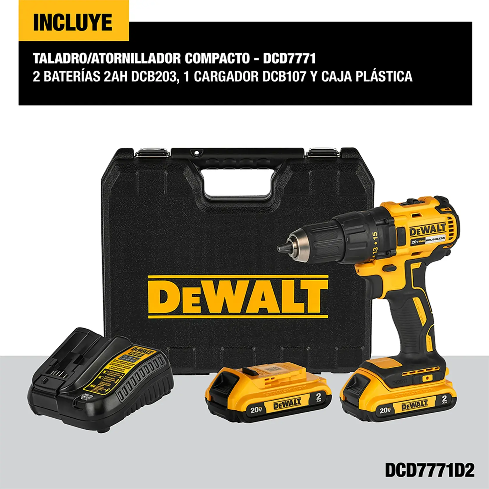 Imagen que muestra un kit de taladro/atornillador compacto DEWALT modelo DCD7771D2. El kit incluye un taladro amarillo y negro, dos baterías de 2Ah, un cargador y una caja plástica negra con el logo de DEWALT. Los artículos están exhibidos delante de la caja, con texto en español que describe el contenido.