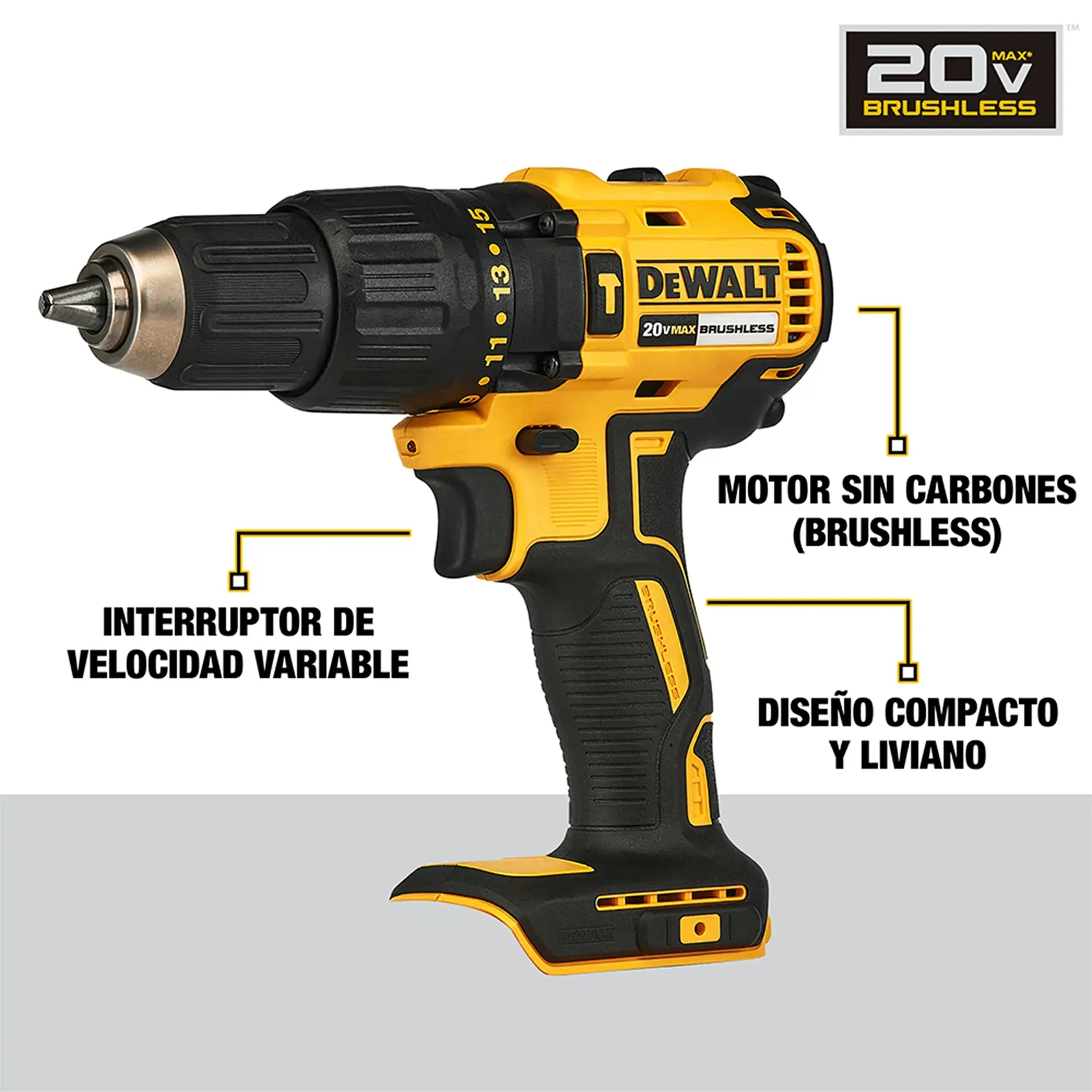 Imagen de un taladro inalámbrico DEWALT 20V MAX Brushless. El taladro es de color amarillo y negro, con interruptor de velocidad variable, motor sin carbones (brushless) y diseño compacto y liviano. Hay anotaciones en español resaltando estas características. El logo de DEWALT está visible en el costado de la herramienta.