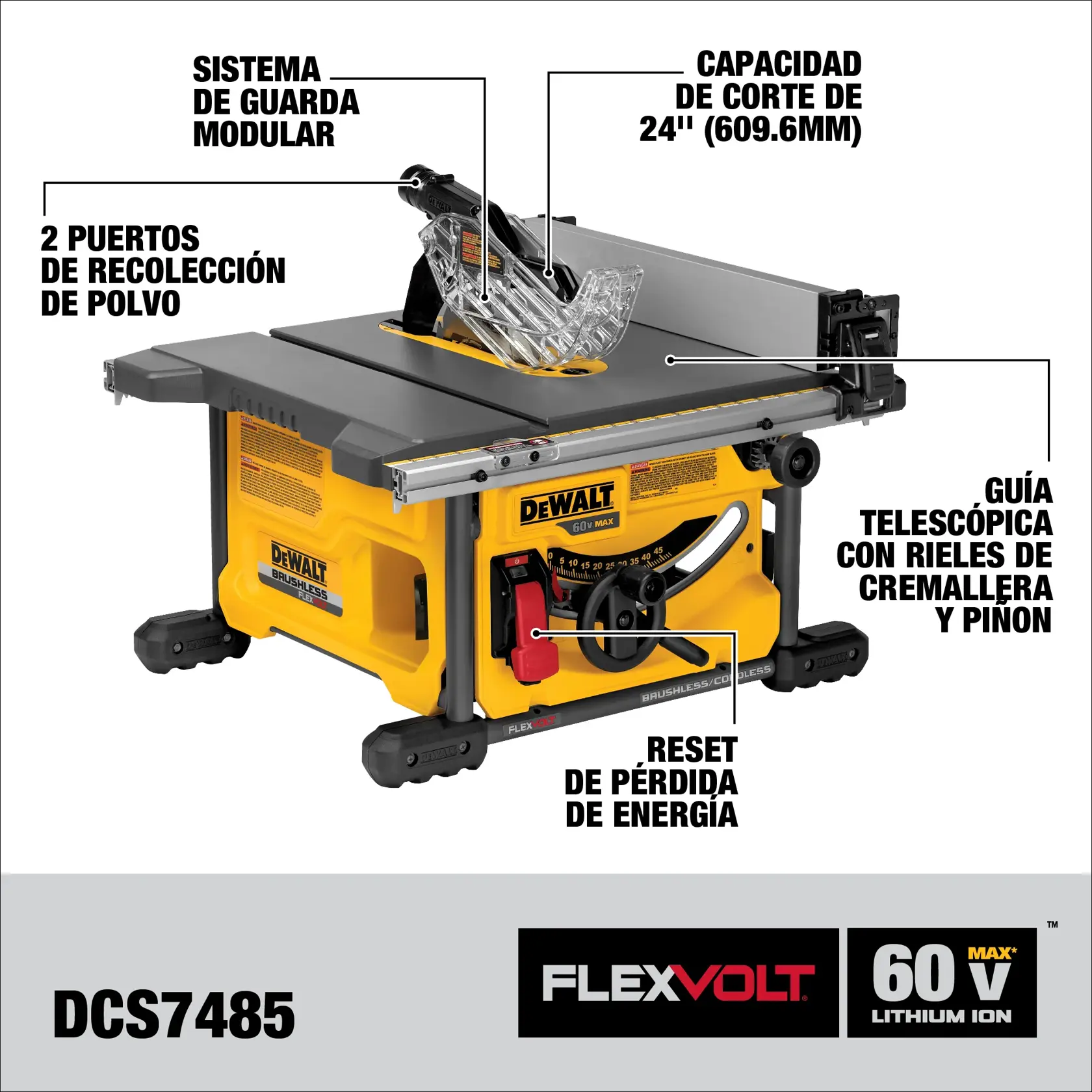 Imagen de una sierra de mesa DEWALT Flexvolt de 60V Ion de Litio, modelo DCS7485T1. La sierra cuenta con sistema de guarda modular, capacidad de corte de 24 pulgadas (609,6 mm), dos puertos de recolección de polvo, guía telescópica con rieles de cremallera y piñón, y botón de reinicio para pérdida de energía. La sierra es amarilla y negra con etiquetas que resaltan sus características.