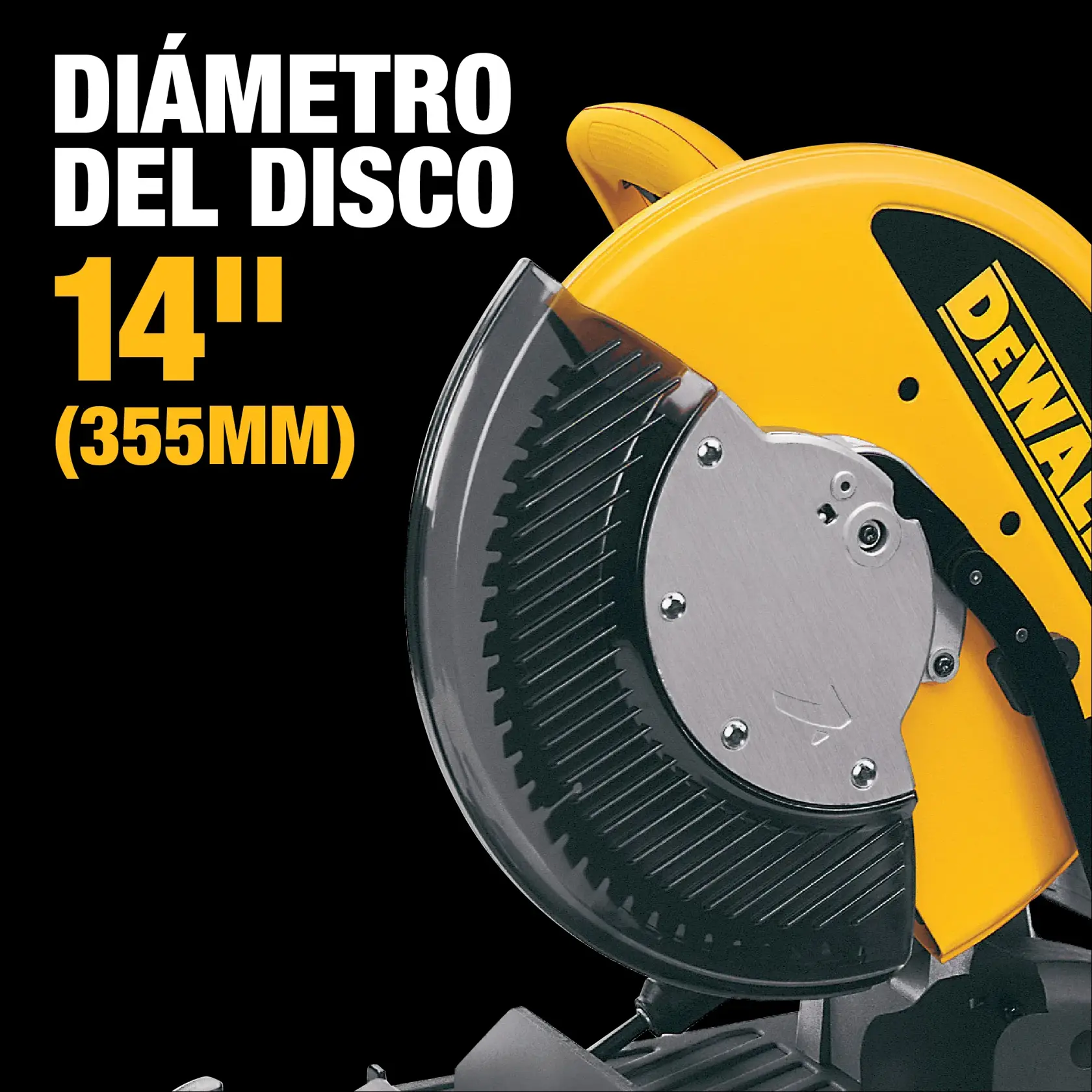 Primer plano de una sierra de corte DEWALT mostrando la protección de la hoja y parte de la hoja circular. El texto indica que el diámetro del disco es de 14 pulgadas (355 mm).