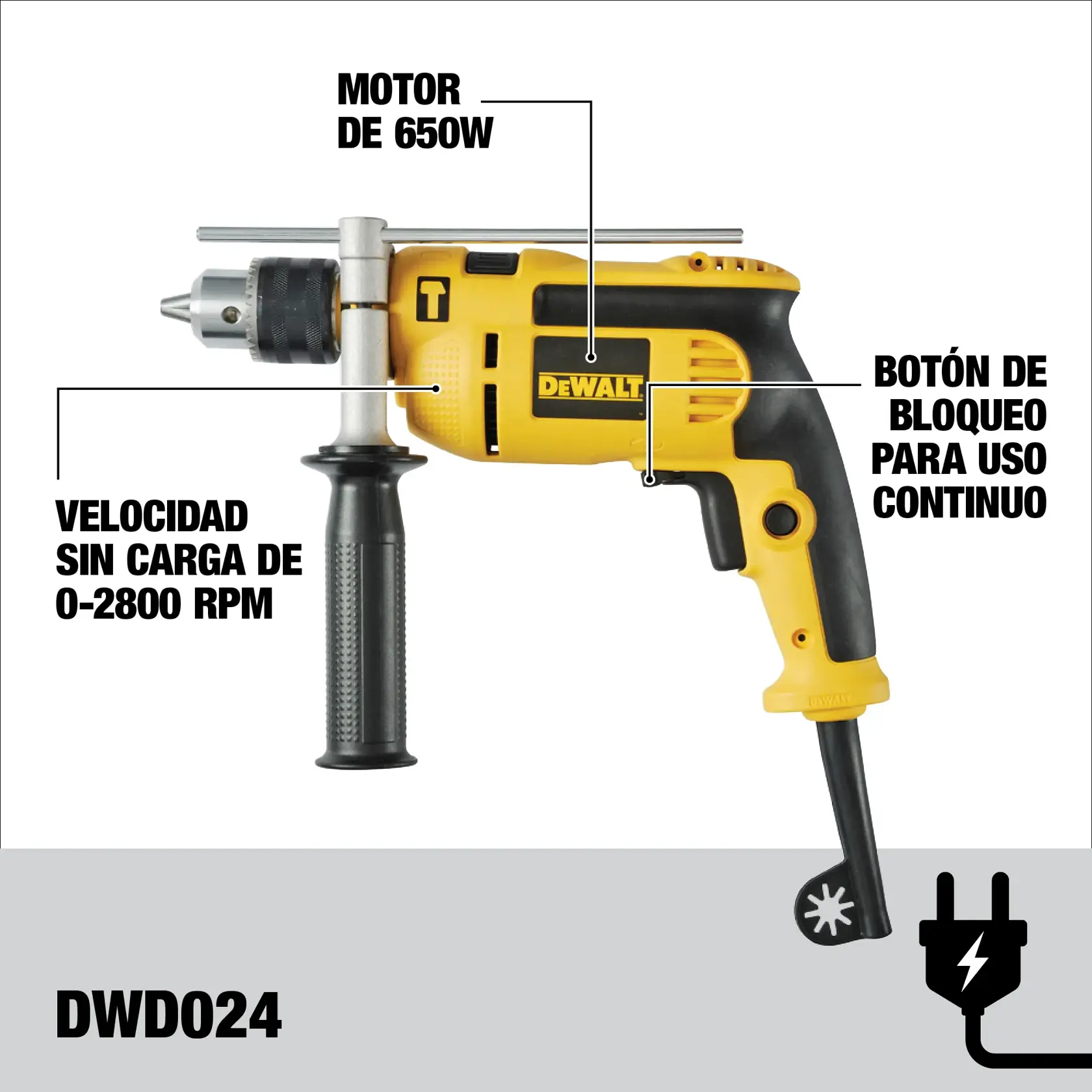Imagen de un taladro eléctrico amarillo DEWALT DWD024 con mango lateral y barra de medición. Se destacan características como motor de 650W, botón de bloqueo para uso continuo y velocidad sin carga de 0 a 2800 RPM.