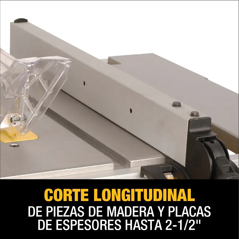 Imagen en primer plano de una guía y protector de hoja de una sierra de mesa, con texto que destaca la característica: 'Corte longitudinal de piezas de madera y placas de espesores hasta 2-1/2".'