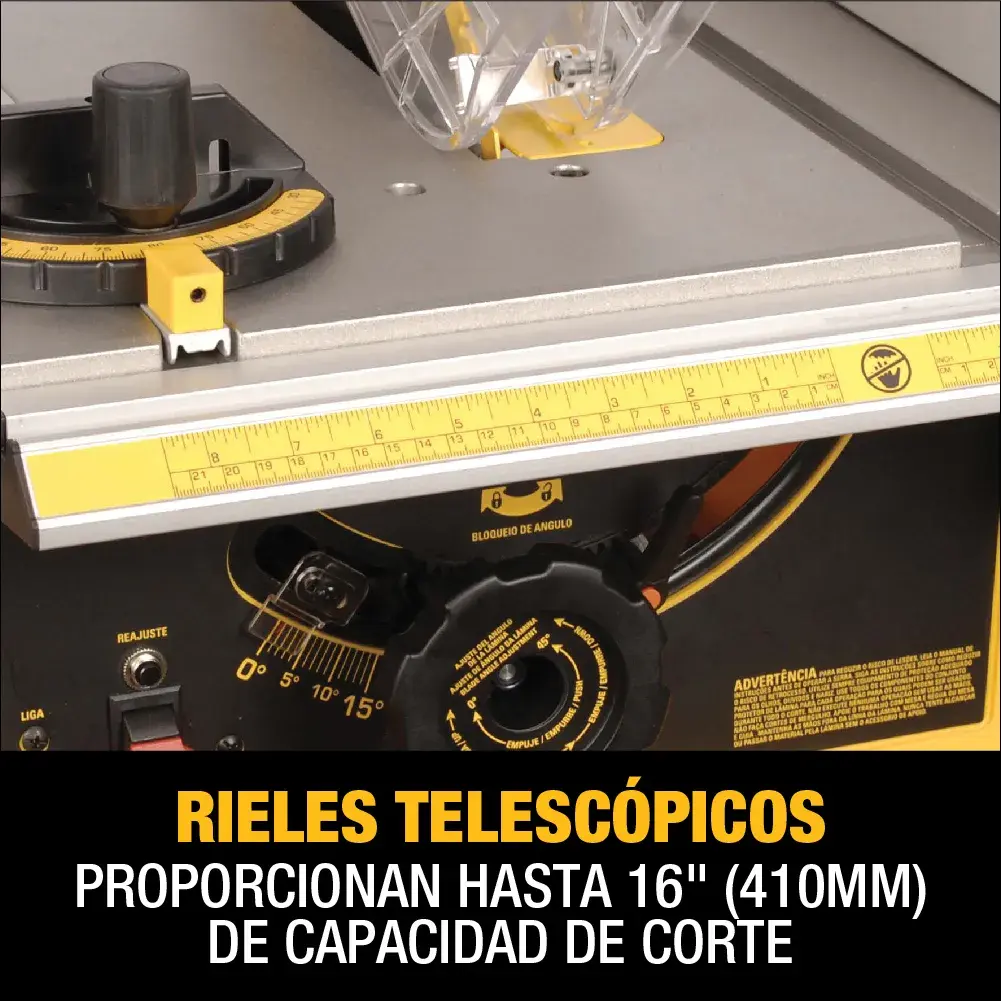 Imagen en primer plano de una sierra de mesa DEWALT que muestra sus rieles telescópicos e indicadores de medición. El texto resalta que los rieles proporcionan hasta 16 pulgadas (410 mm) de capacidad de corte.