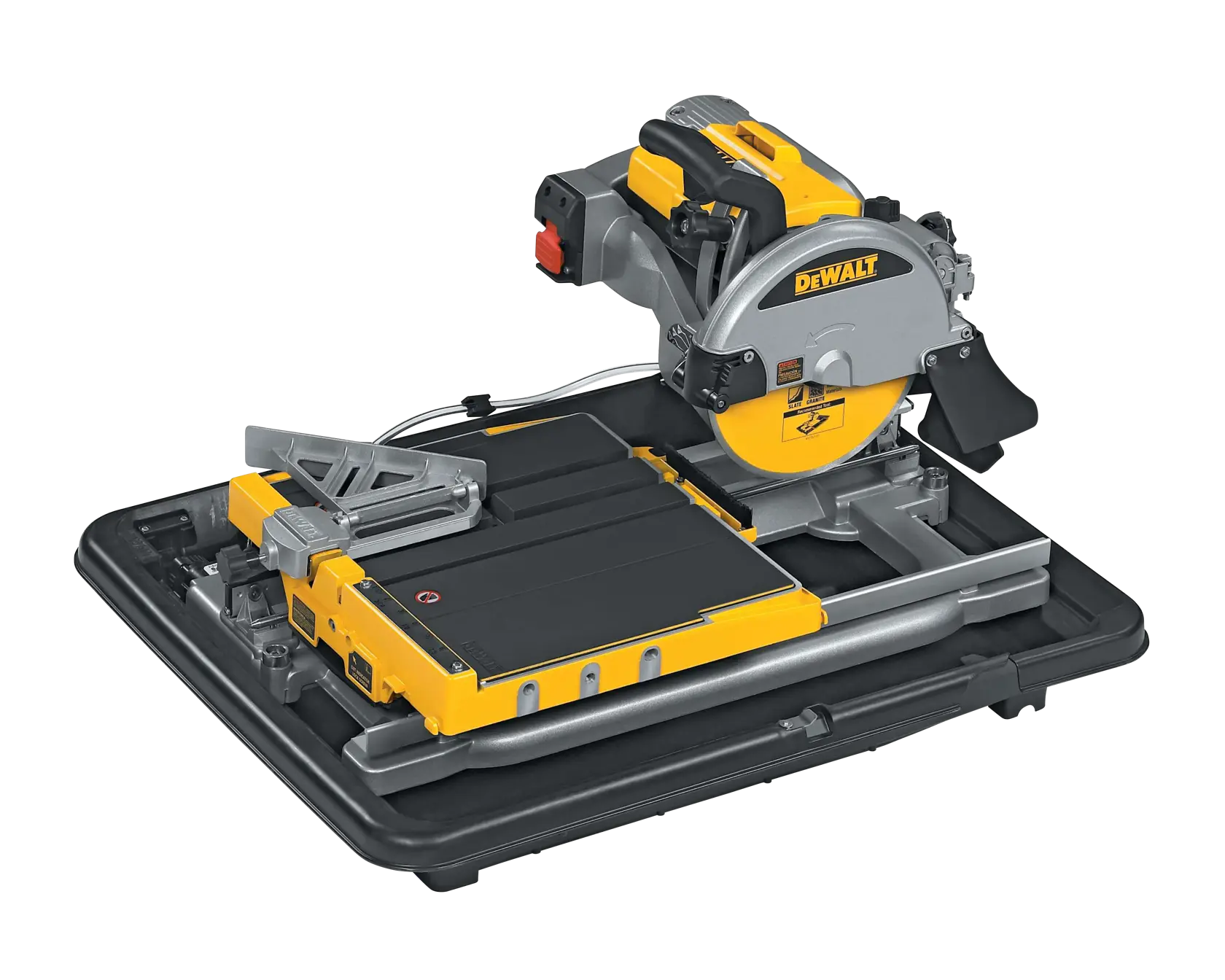 Una sierra para baldosas DEWALT D24000 con diseño amarillo y negro, equipada con una mesa deslizante y guía de corte. La herramienta está colocada sobre una base negra, adecuada para cortes precisos de baldosas en proyectos de construcción o renovación.