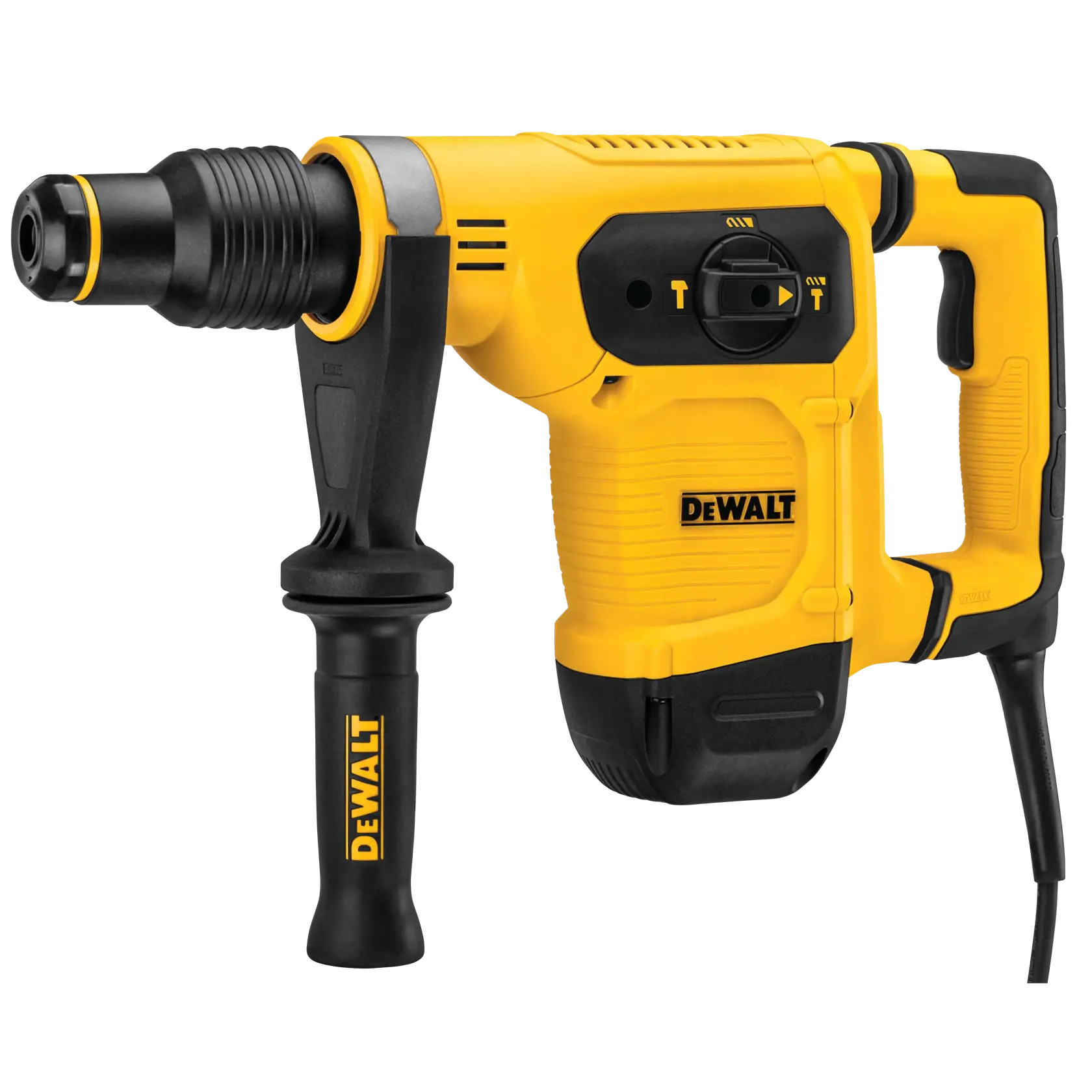 Martillo rotativo amarillo DEWALT con mango lateral y cable, modelo D25481K, para construcción y fotografía.