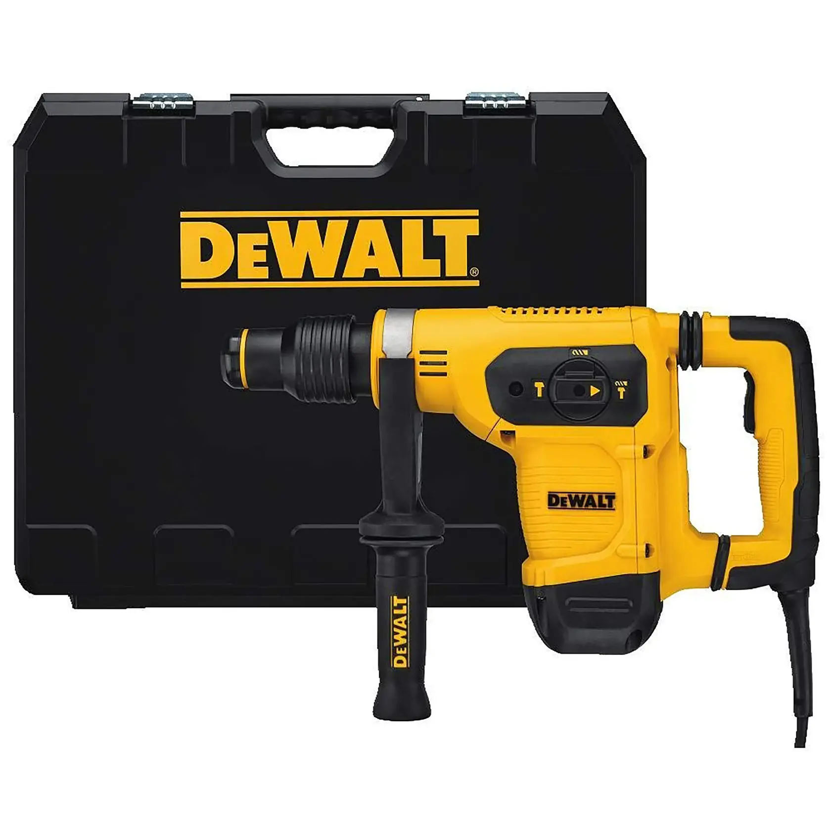 Un martillo rotativo amarillo y negro DEWALT con mango auxiliar, mostrado frente a un estuche de transporte negro de DEWALT.