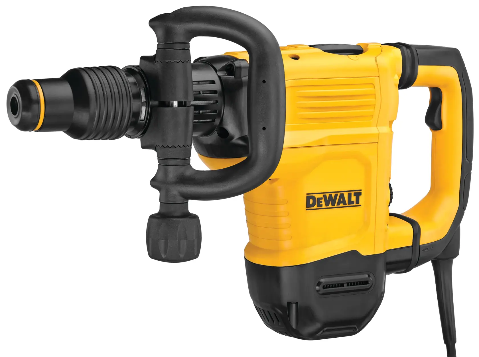 Martillo demoledor eléctrico DEWALT con cuerpo amarillo y asas negras, que incluye un cable de alimentación y construcción robusta.