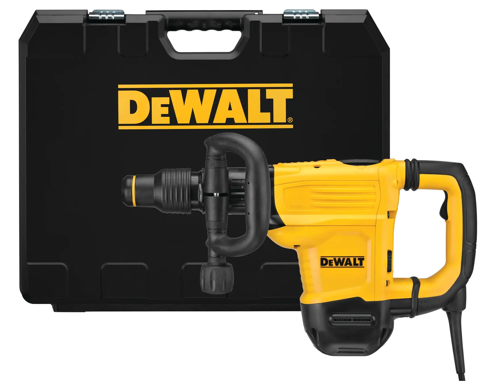 Un martillo demoledor amarillo DEWALT con un mango negro y un estuche de transporte detrás. El estuche es negro con un gran logotipo de DEWALT en el frente.