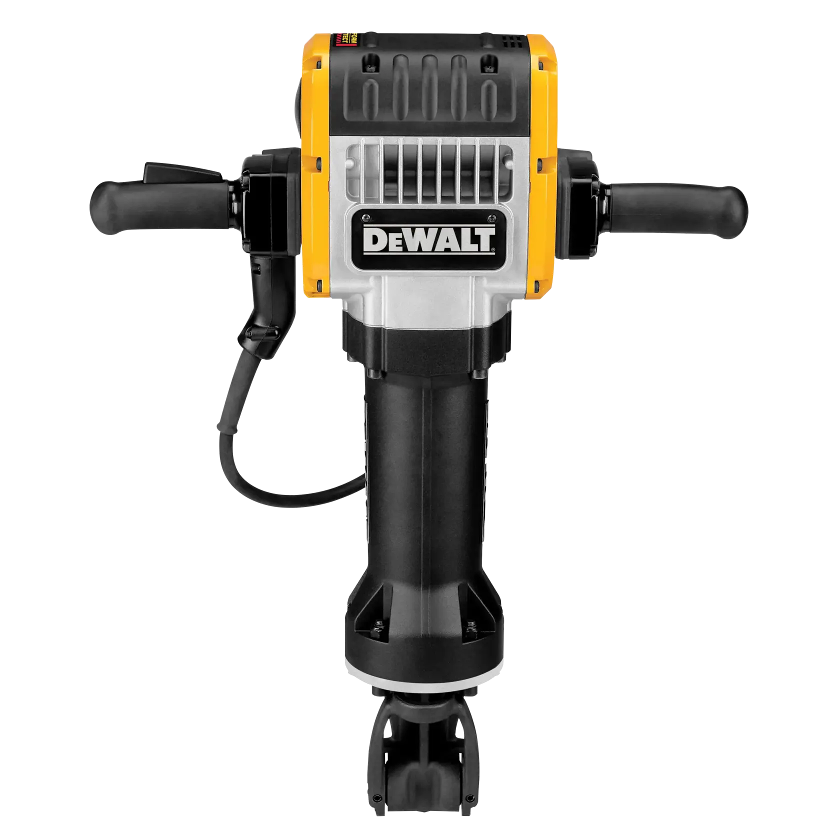 Vista frontal de un martillo demoledor eléctrico DEWALT con cuerpo amarillo y negro, dos asas horizontales y un cable de alimentación conectado en el lado izquierdo.