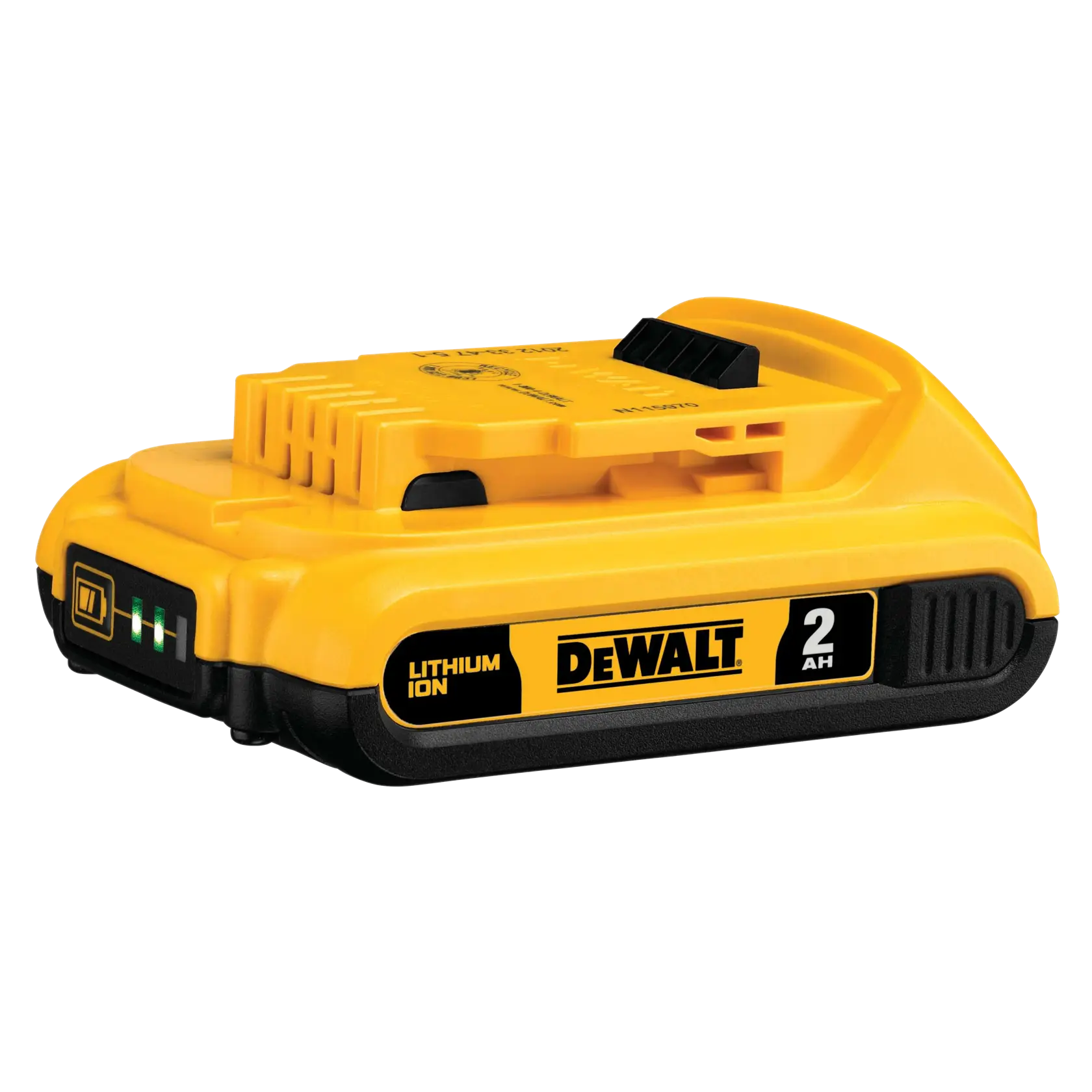 Batería de iones de litio DEWALT 20V MAX 2Ah, amarilla y negra, vista desde un lado.
