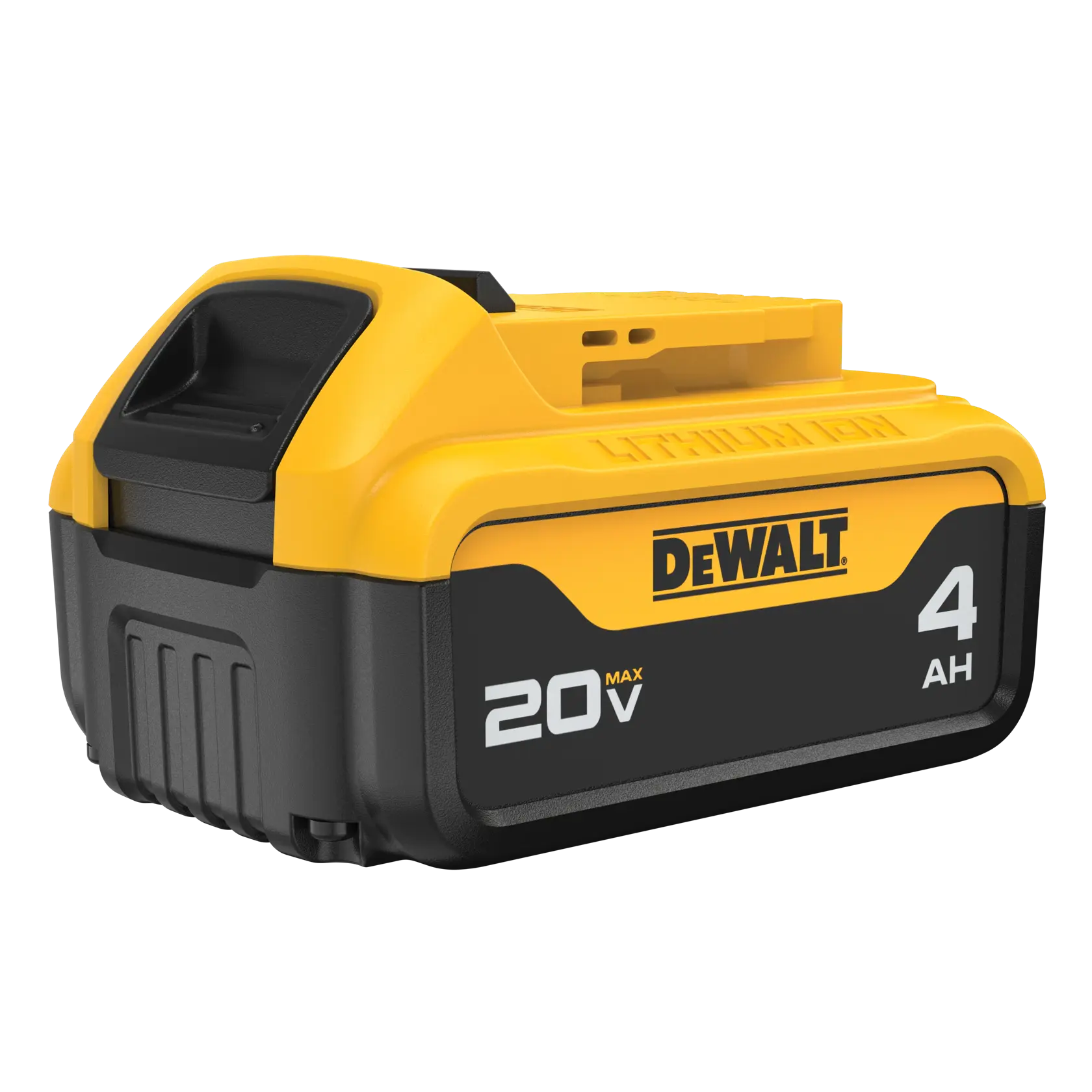 Una batería de iones de litio DEWALT 20V Max con una capacidad de 4 amperios-hora, con un diseño amarillo y negro.