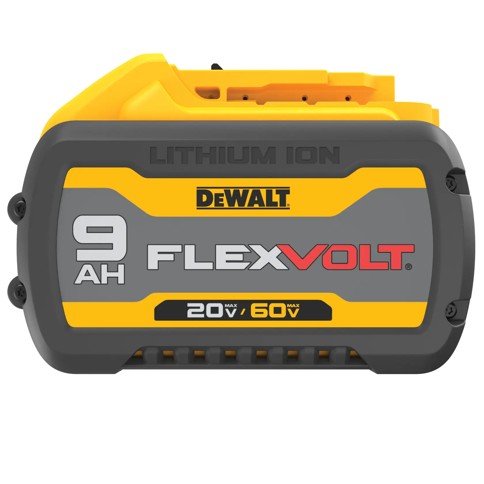 Batería DEWALT FLEXVOLT de ion de litio, 9Ah, para herramientas 20V/60V. Diseño compacto amarillo y gris.