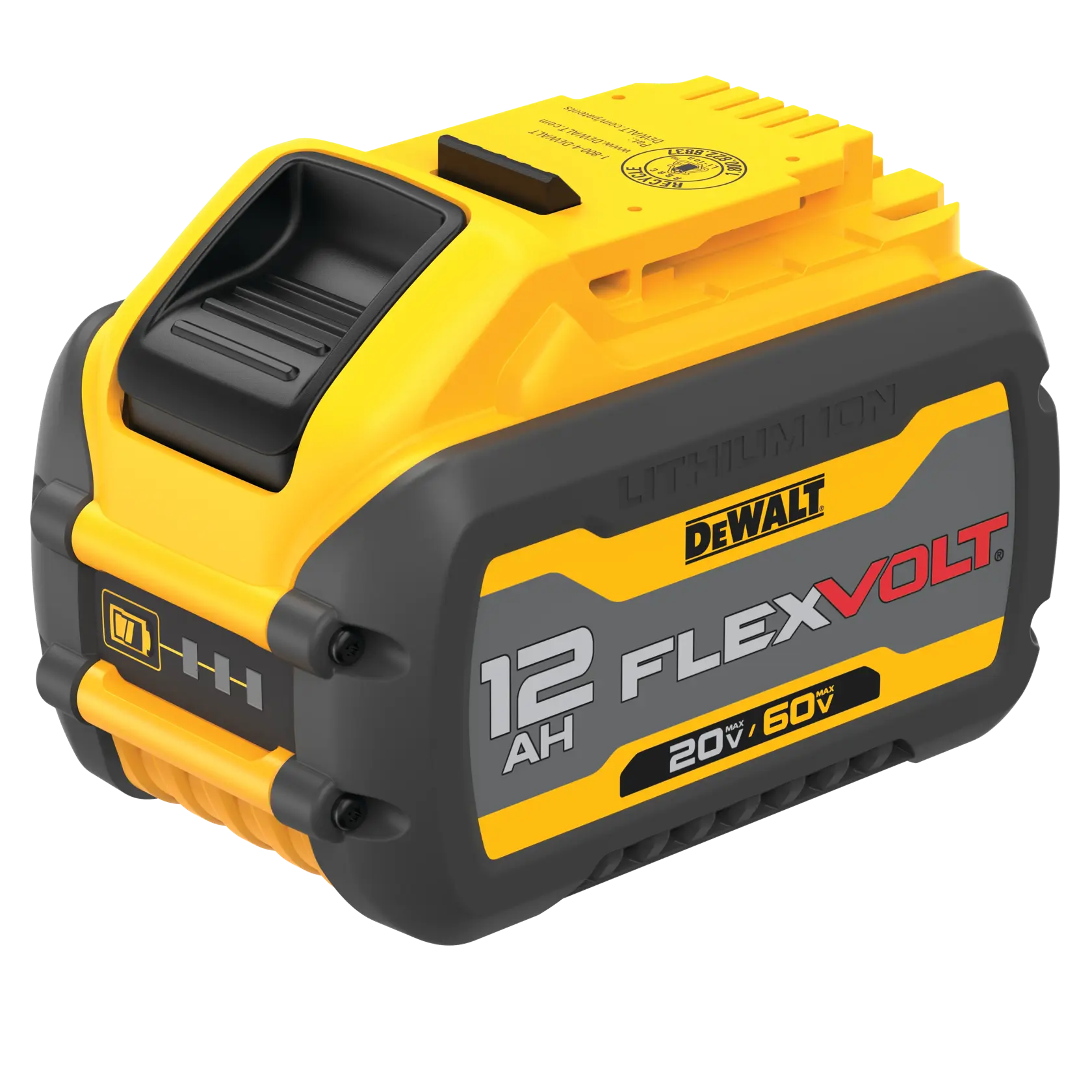 Un paquete de batería de ion de litio DEWALT FLEXVOLT de 12 amperios-hora, etiquetado para 20V y 60V máximo, con diseño negro y amarillo.