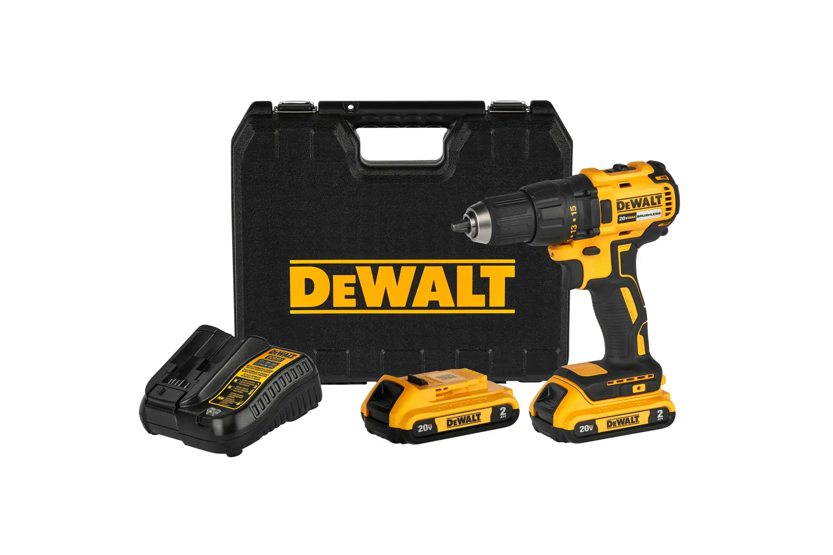 Un kit de taladro inalámbrico DEWALT que incluye un taladro amarillo y negro, dos baterías, un cargador y un estuche negro con el logotipo de DEWALT.