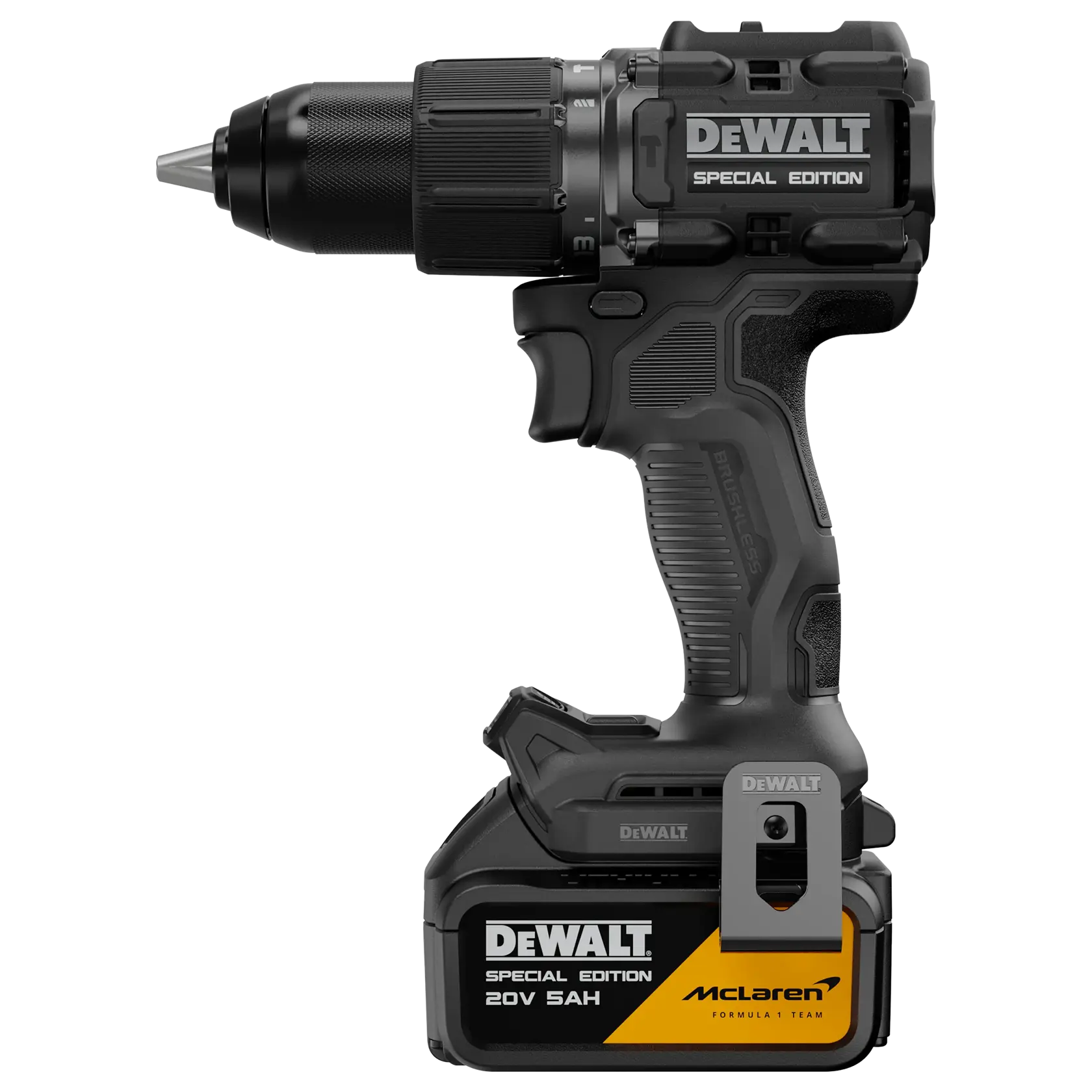 Un taladro inalámbrico DEWALT edición especial con diseño negro y amarillo, mostrando la marca del equipo McLaren Formula en