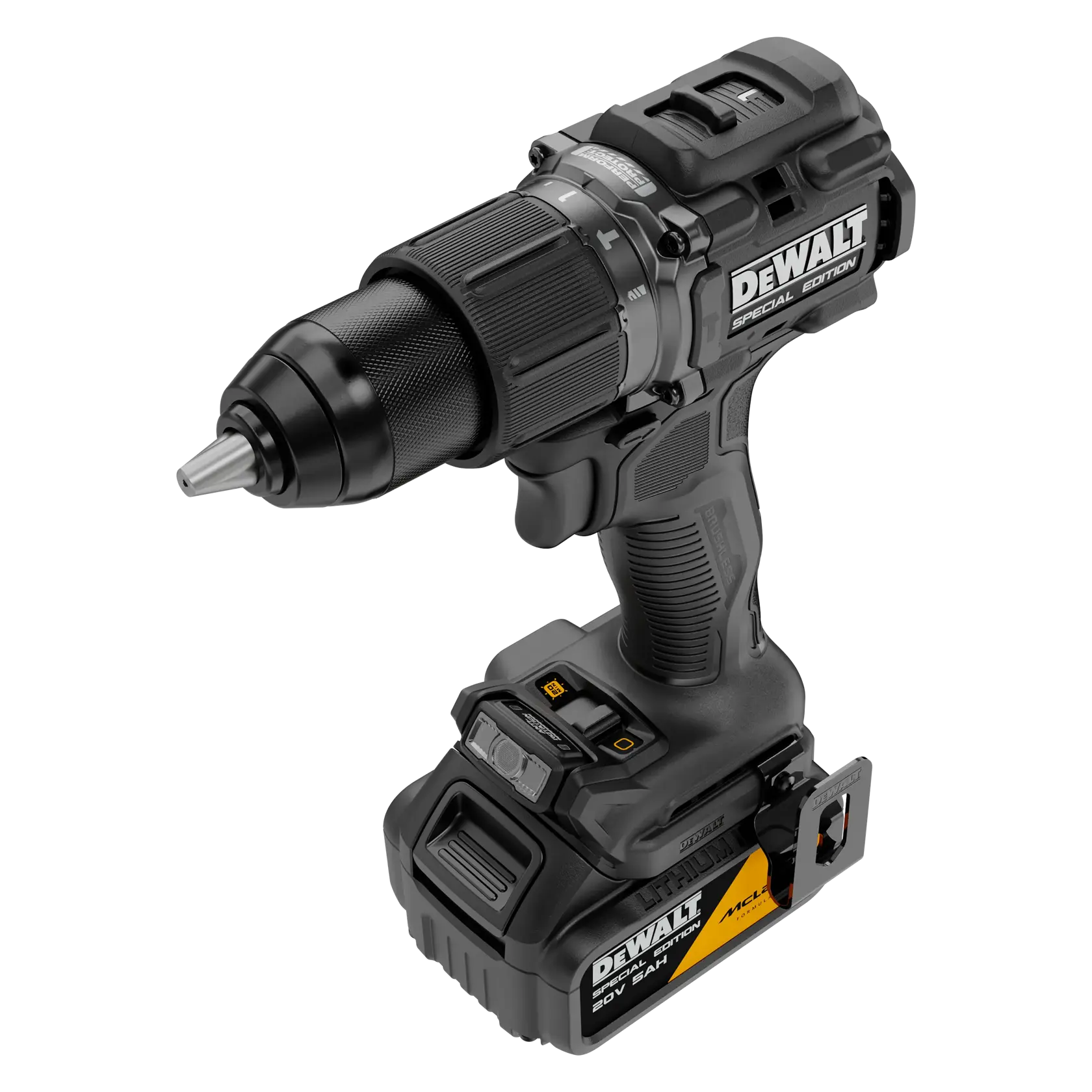 Un taladro inalámbrico DEWALT edición especial con batería de ion de litio de 20V, diseño en negro y gris y empuñadura
