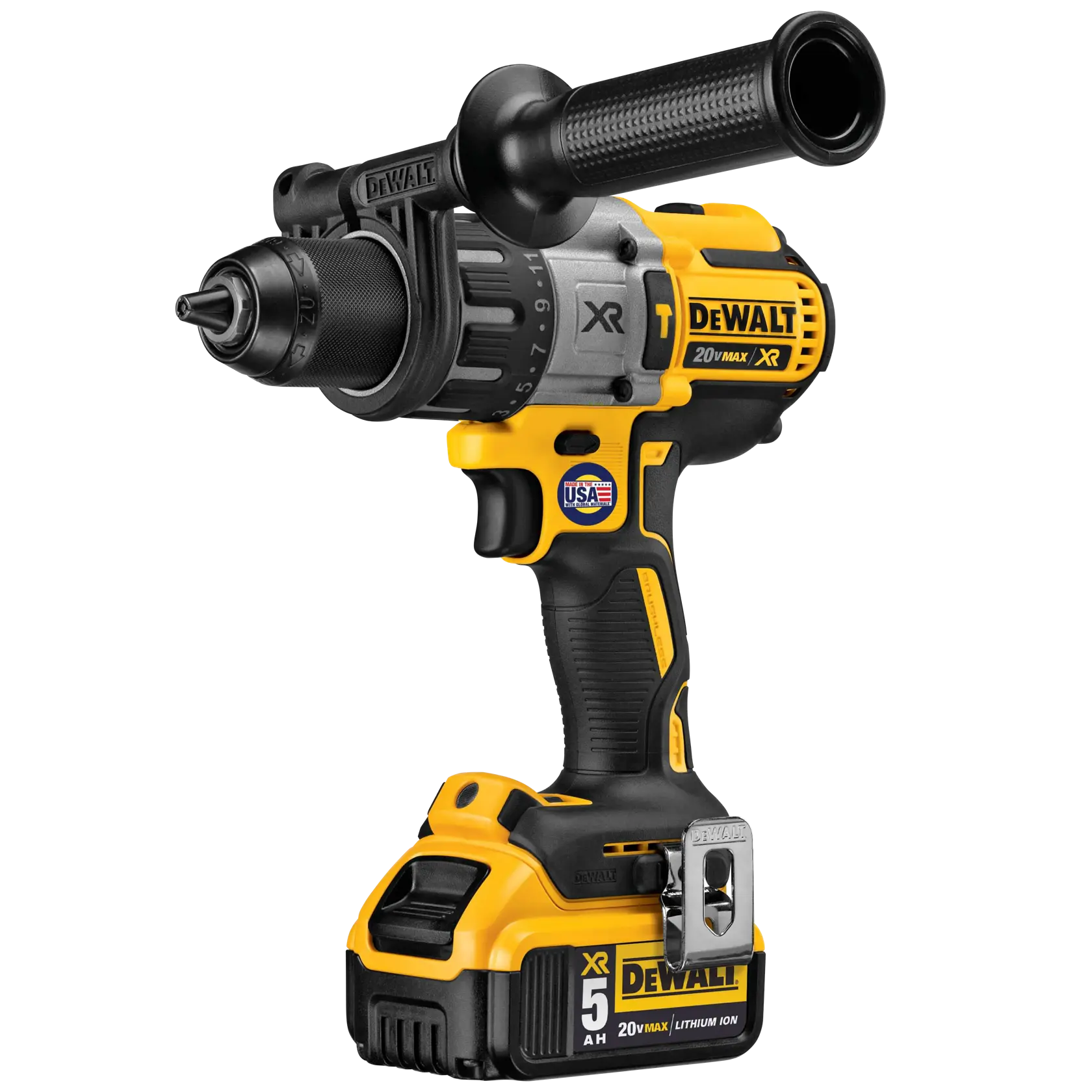 Un taladro inalámbrico DEWALT DCD996P2 20V Max XR con cuerpo negro y amarillo, mango auxiliar y batería de ion de litio. El taladro muestra etiquetas de 5AH, fabricación en EE.UU. y tecnología XR.