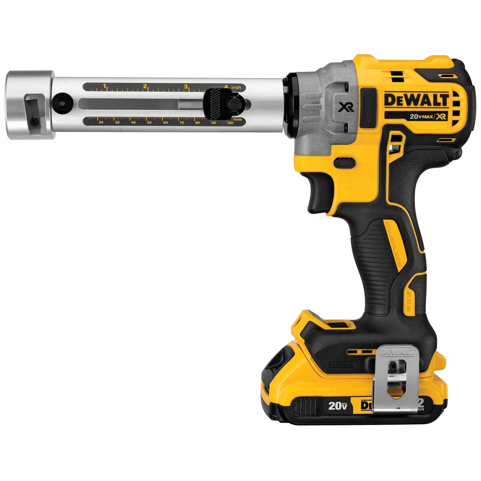 Ferramenta desencapadora de fios sem fio DEWALT 20V Max XR com design amarelo e preto, com guia de medição e botão de ajuste no braço metálico.