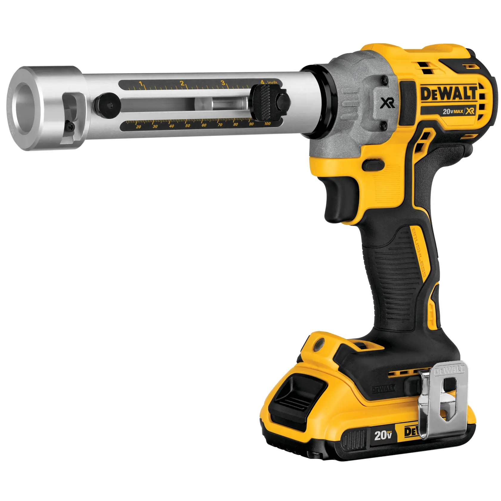 Cortador de cabos sem fio DEWALT 20V XR com corpo amarelo e preto. A ferramenta possui uma cabeça de corte de metal com marcações de medição, um cabo confortável e uma bateria recarregável acoplada na base.