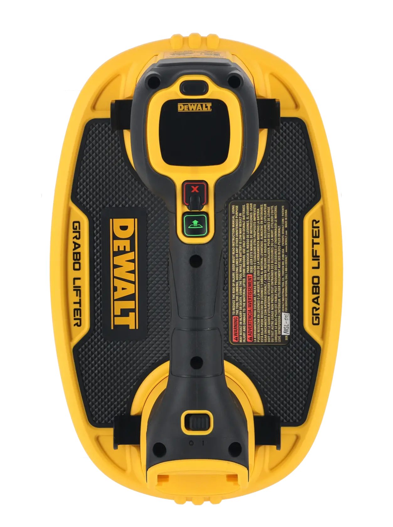 Un DEWALT Grabo Lifter, una herramienta eléctrica portátil con diseño amarillo y negro, utilizada para levantar y transportar objetos pesados con tecnología de succión.