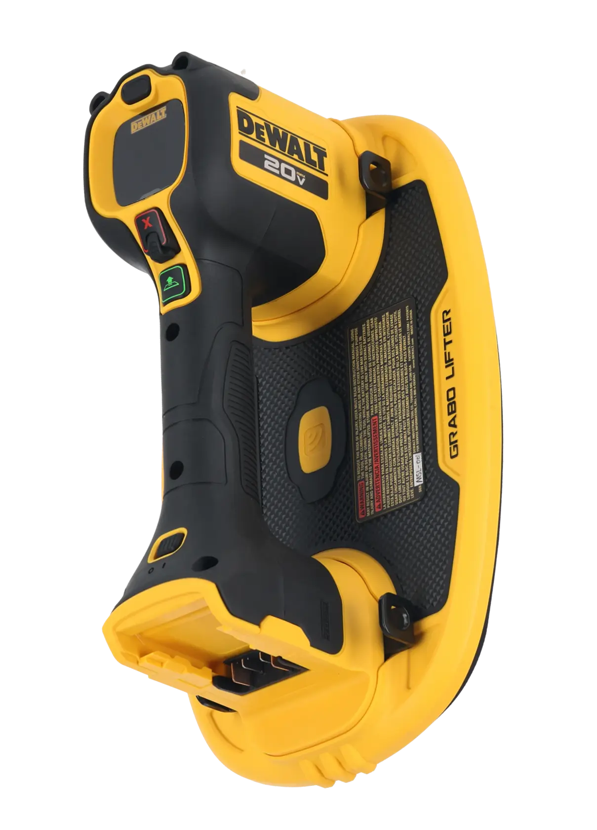 Una herramienta eléctrica inalámbrica DEWALT de 20V llamada 'Grabo Lifter'. Presenta un mango ergonómico negro y amarillo con botones de control y una almohadilla de succión para levantar materiales pesados.