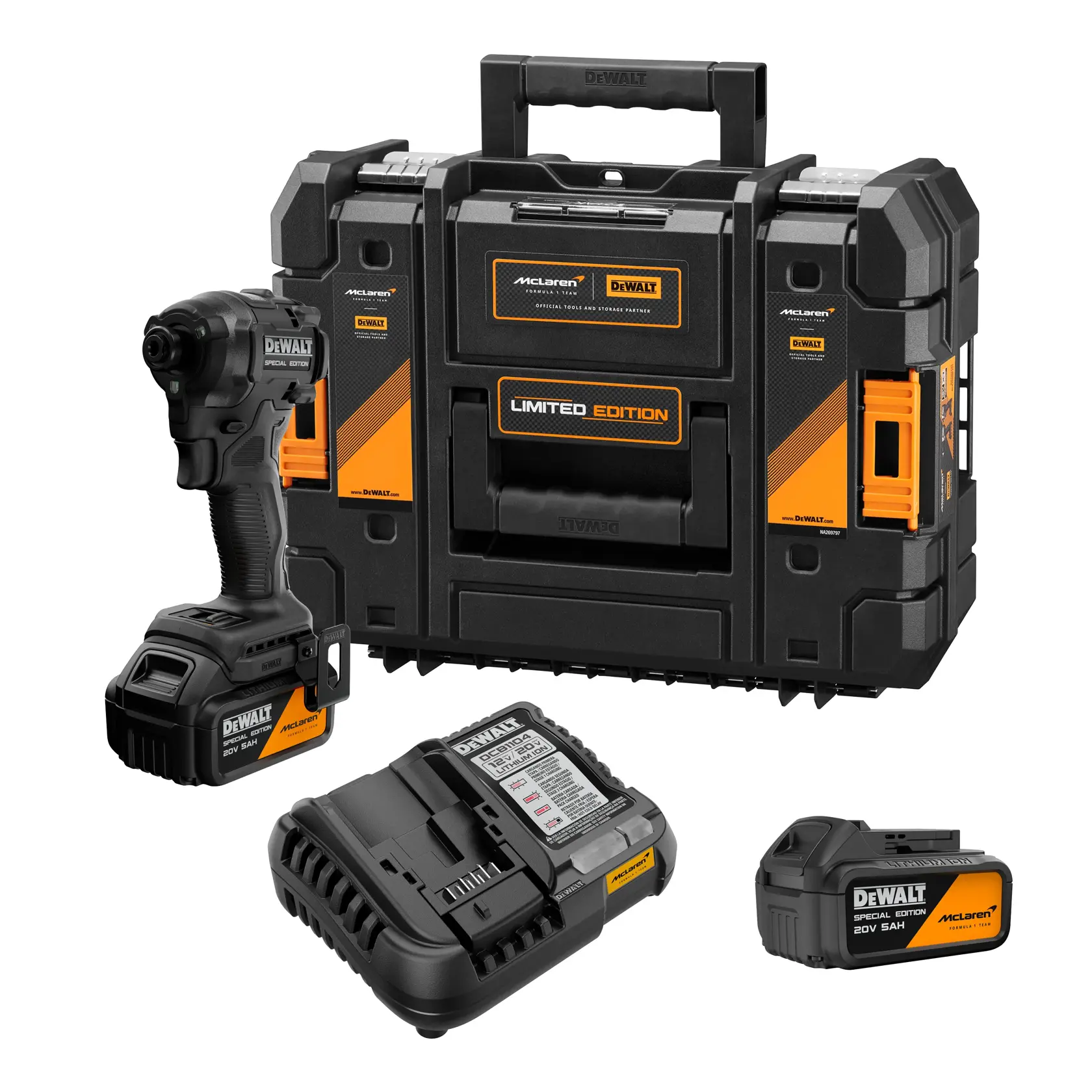 Kit de atornillador de impacto inalámbrico DEWALT McLaren edición limitada, que incluye un estuche de transporte negro y