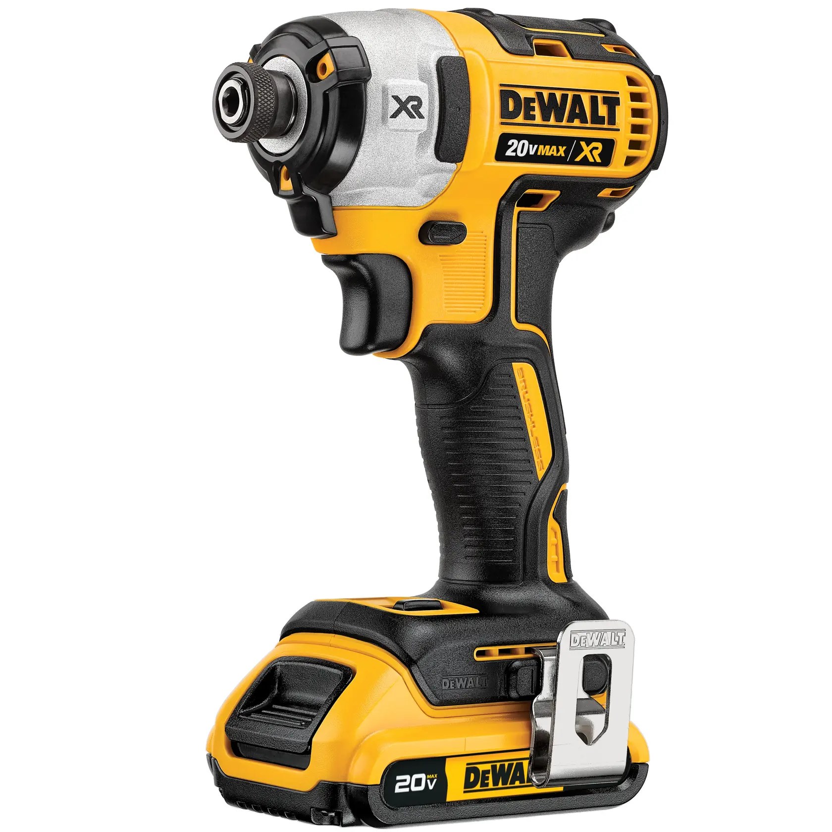 Atornillador de impacto inalámbrico DEWALT 20V MAX XR, modelo DCF887D2, con diseño ergonómico en amarillo y negro y un clip metálico en la base.