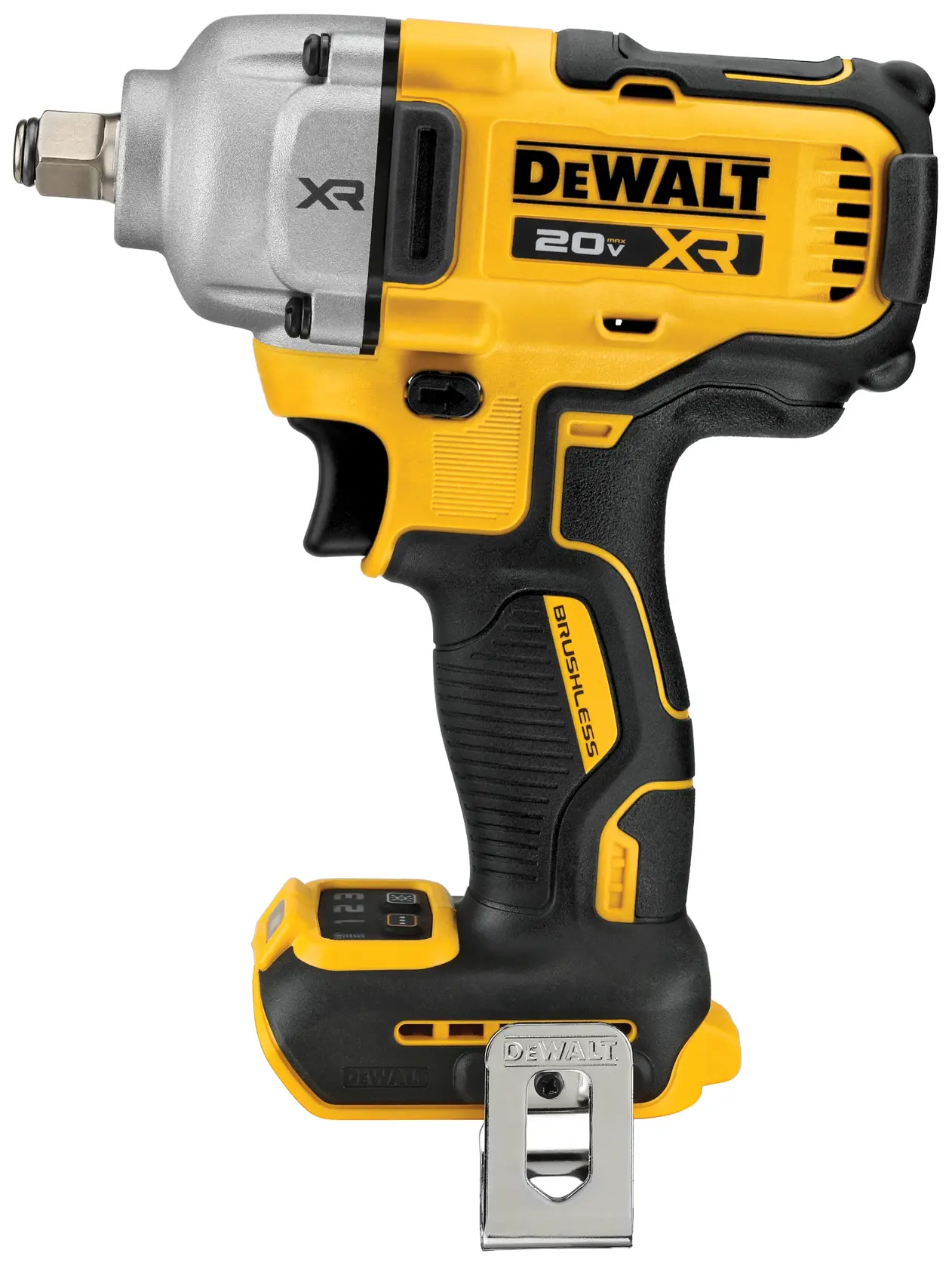 Llave de impacto inalámbrica DEWALT 20V XR brushless, mostrada en amarillo y negro, con un clip metálico para cinturón adjunto en la base.