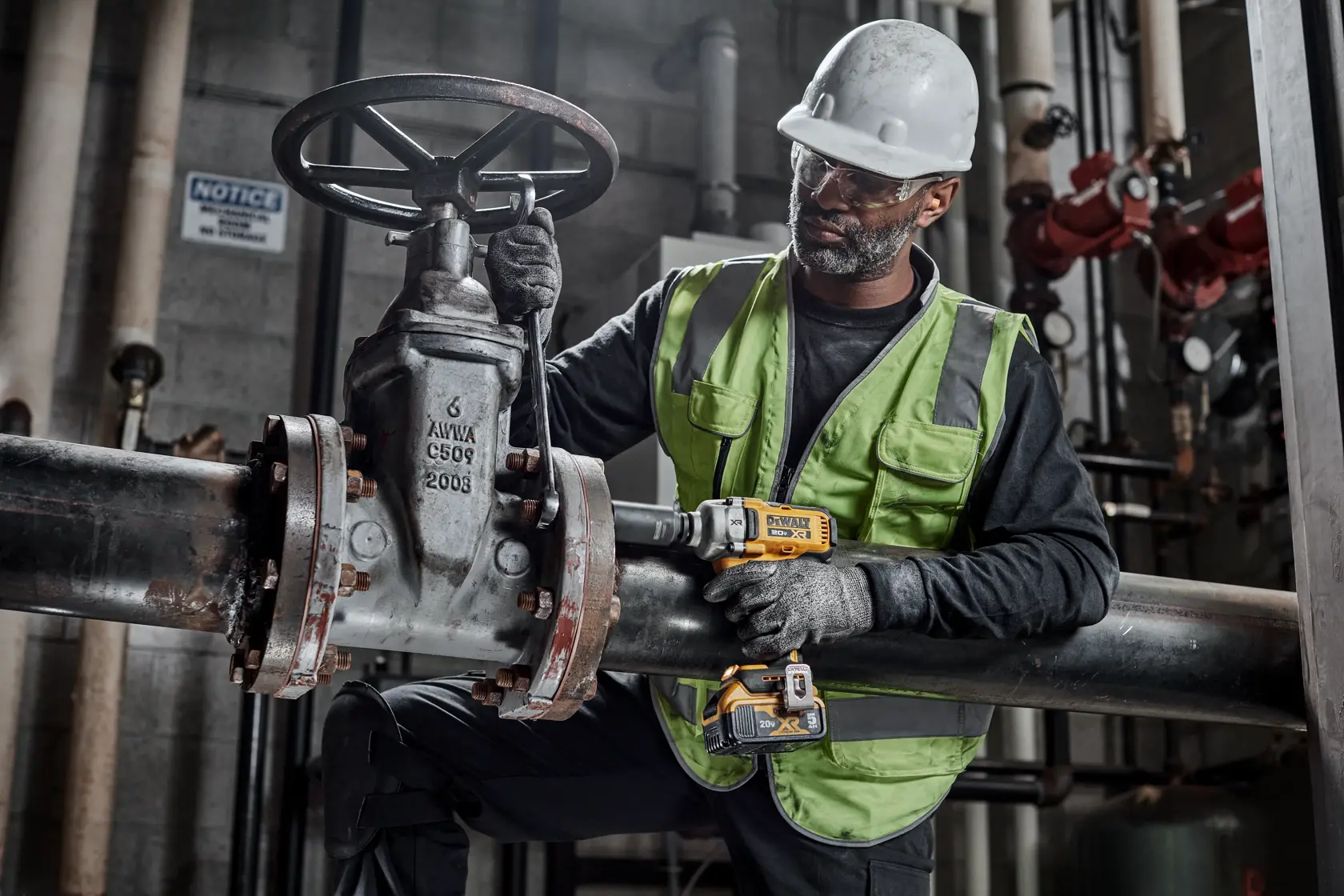 Un trabajador con chaleco de seguridad, guantes y casco utiliza una llave de impacto inalámbrica DEWALT (modelo DCF891P2) para trabajar en una válvula de tubería industrial grande en una sala mecánica.