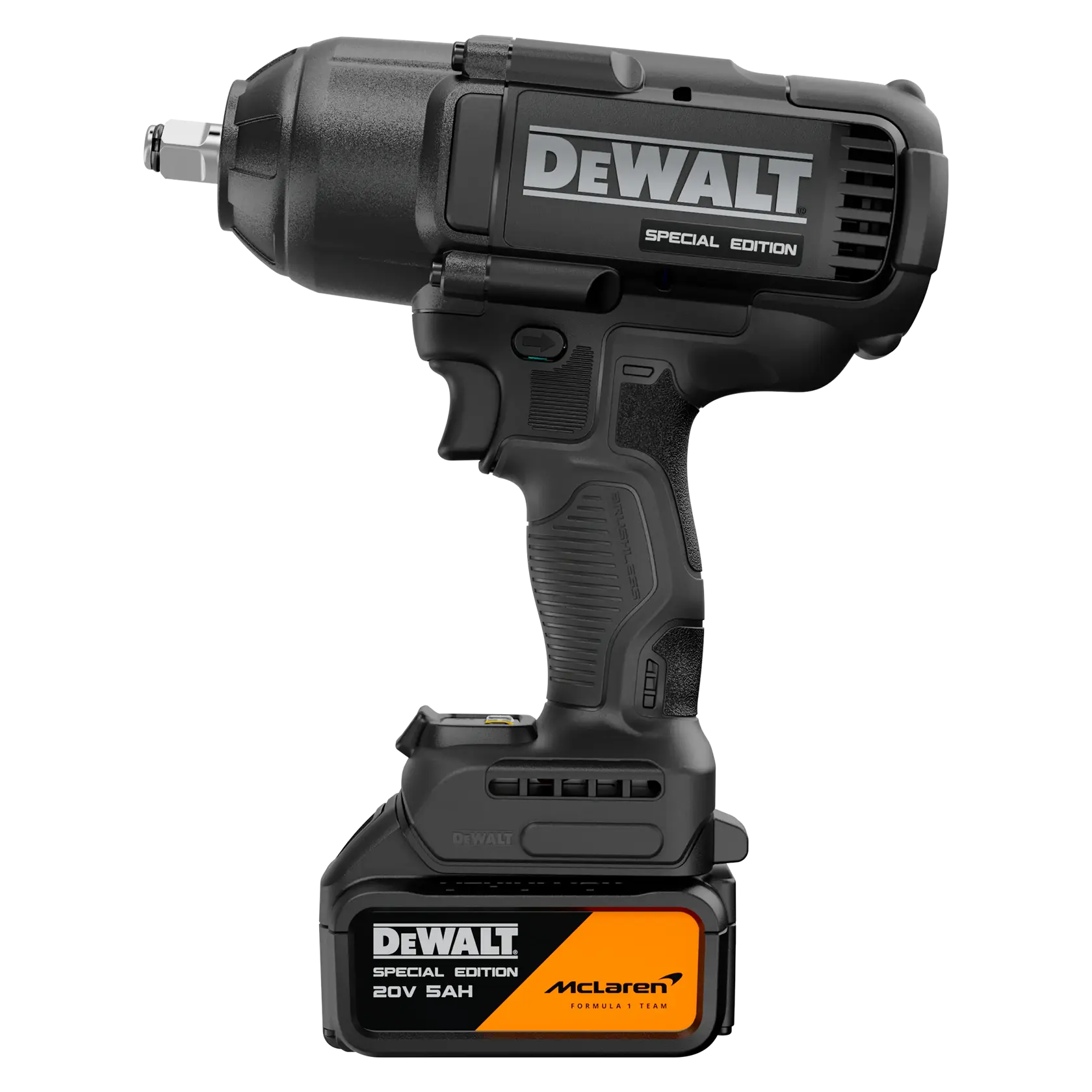 Llave de impacto inalámbrica DEWALT Edición Especial con batería de 20V 5Ah. La herramienta es mayormente negra y tiene el