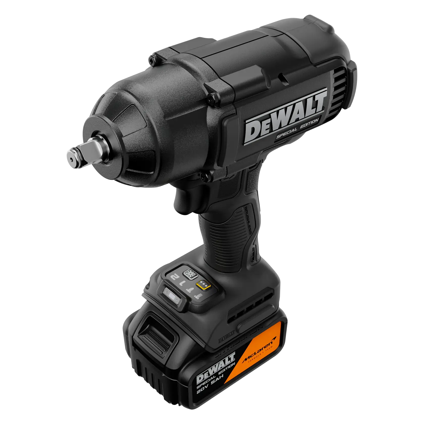 Una llave de impacto inalámbrica de alto torque de DEWALT, con diseño negro y naranja y una batería recargable conectada en