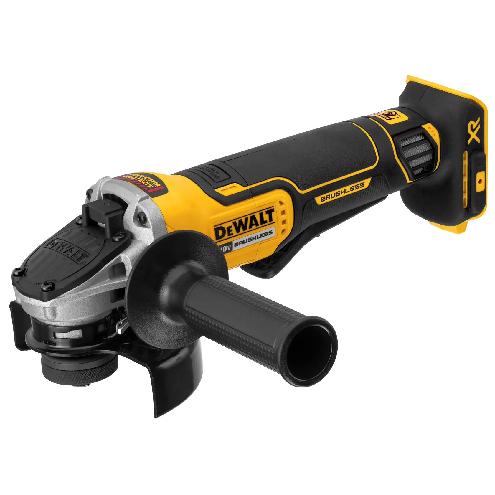 Una amoladora angular inalámbrica DEWALT con diseño negro y amarillo, motor sin escobillas y mango ergonómico.