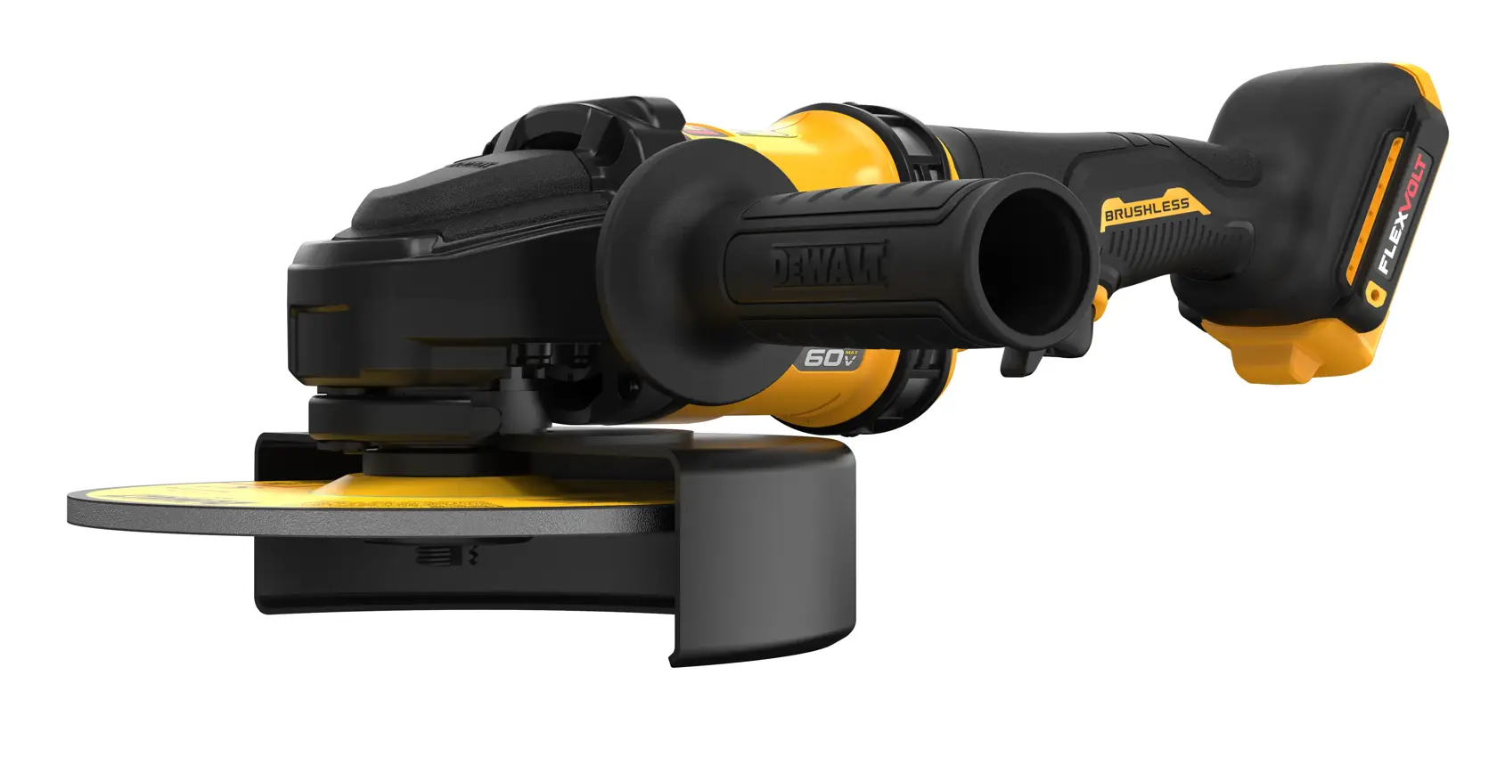 Una amoladora angular inalámbrica DEWALT con diseño amarillo y negro, equipada con mango lateral y tecnología de motor sin escobillas.