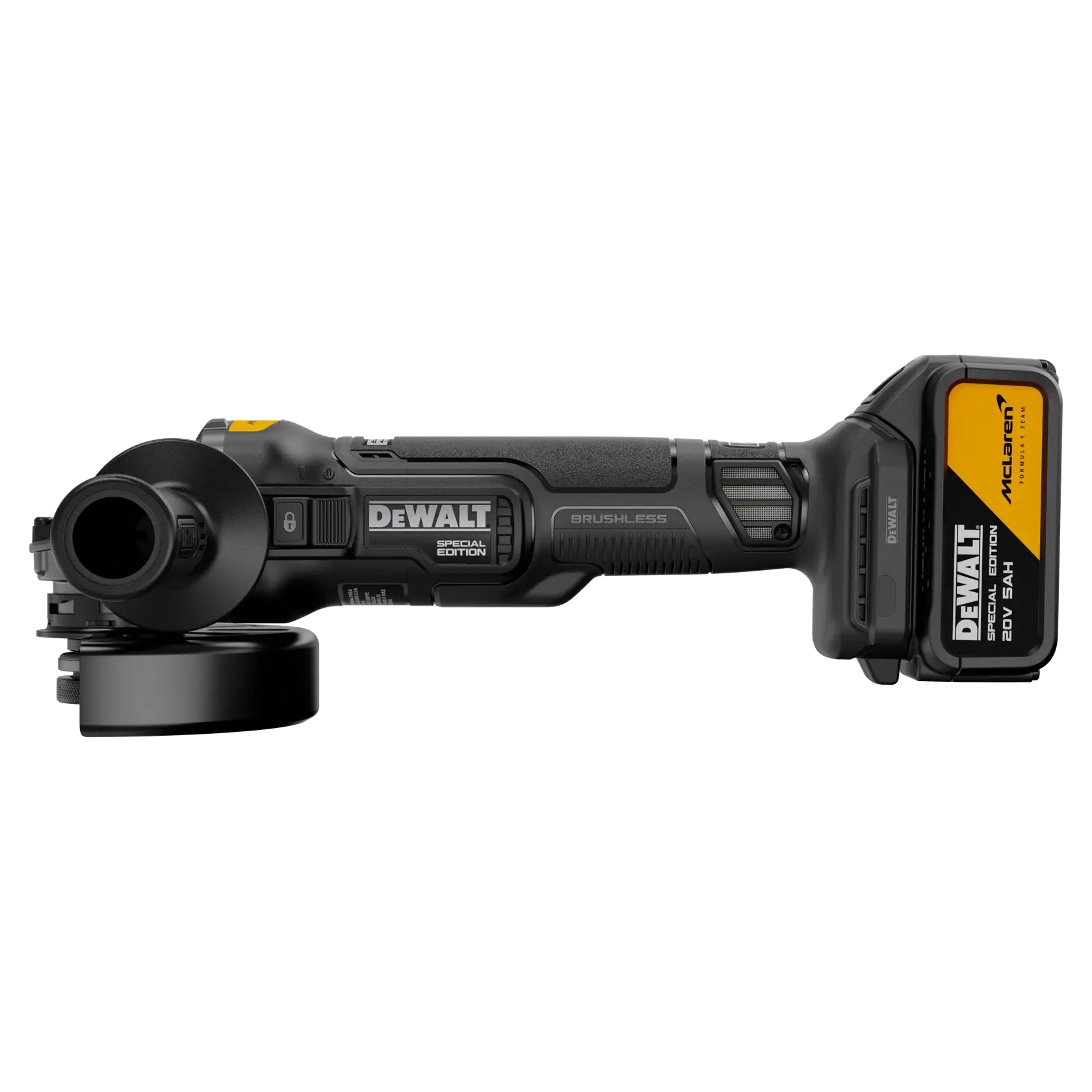 Una amoladora angular inalámbrica DEWALT edición especial, con motor sin escobillas y batería de 20V, vista de lado sobre un