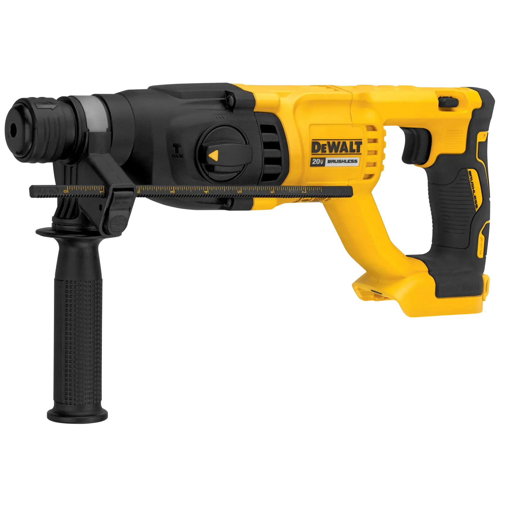 Un taladro rotatorio inalámbrico DEWALT 20V brushless, de diseño amarillo y negro, con asa ergonómica y empuñadura lateral.
