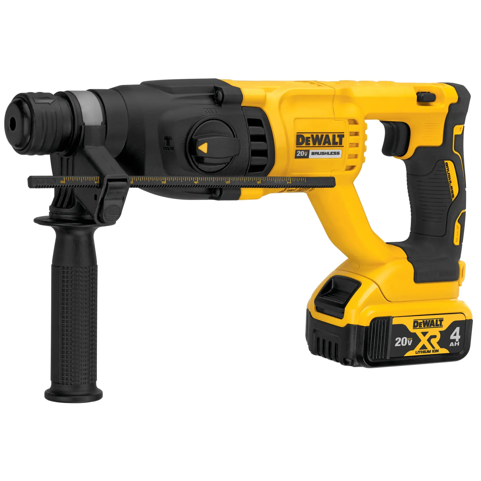 Un taladro martillo rotativo DEWALT de 20V sin escobillas, de diseño negro y amarillo, con mango lateral desmontable y batería de ion de litio de 4Ah en la base.