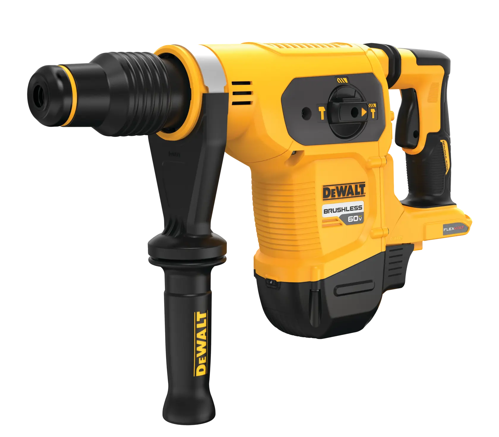 Taladro percutor inalámbrico DEWALT amarillo y negro con motor brushless de 60V y mango ergonómico, mostrado sobre fondo blanco.