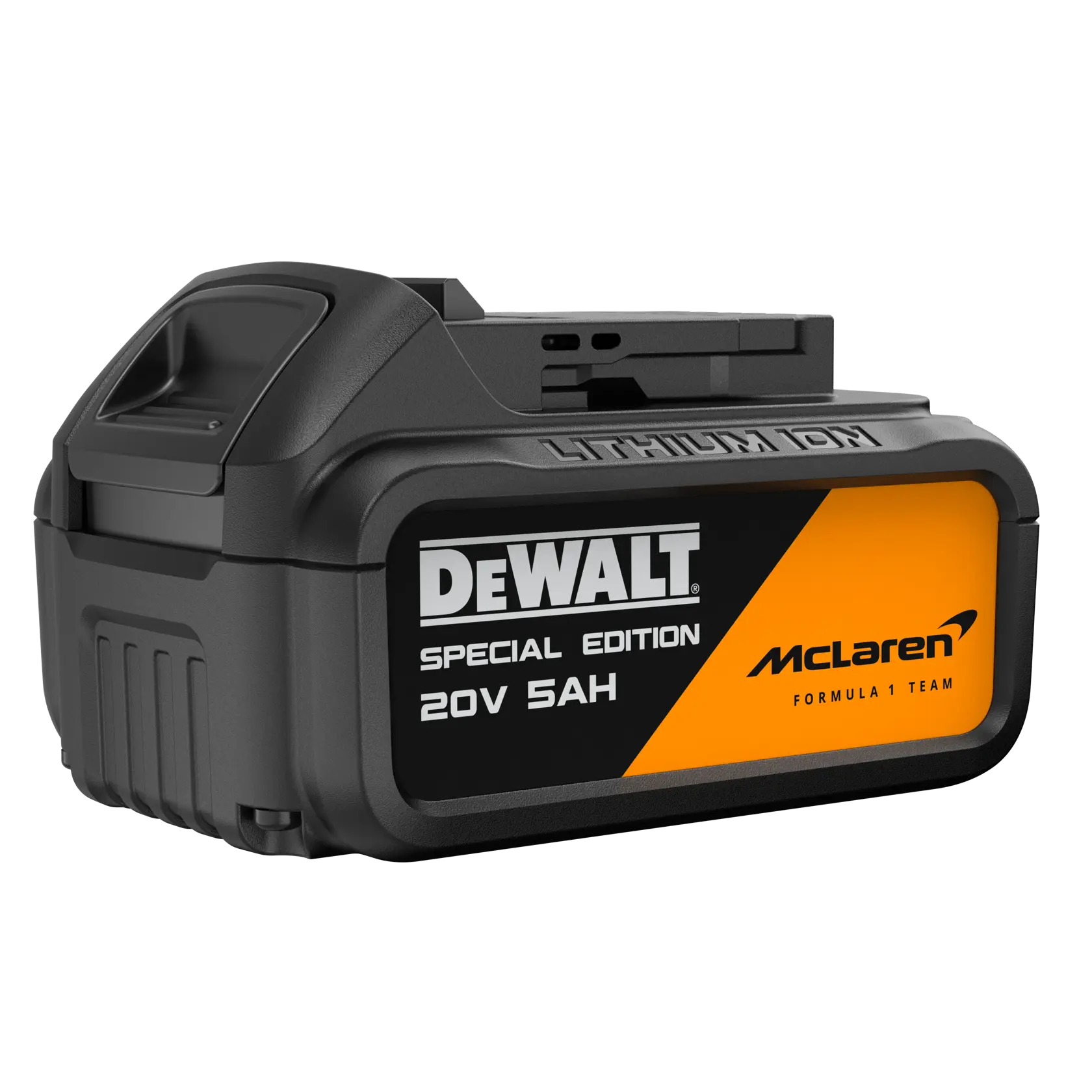 Una batería de litio DEWALT edición especial 20V 5AH con la marca McLaren Formula 1 Team, con colores negro y naranja.