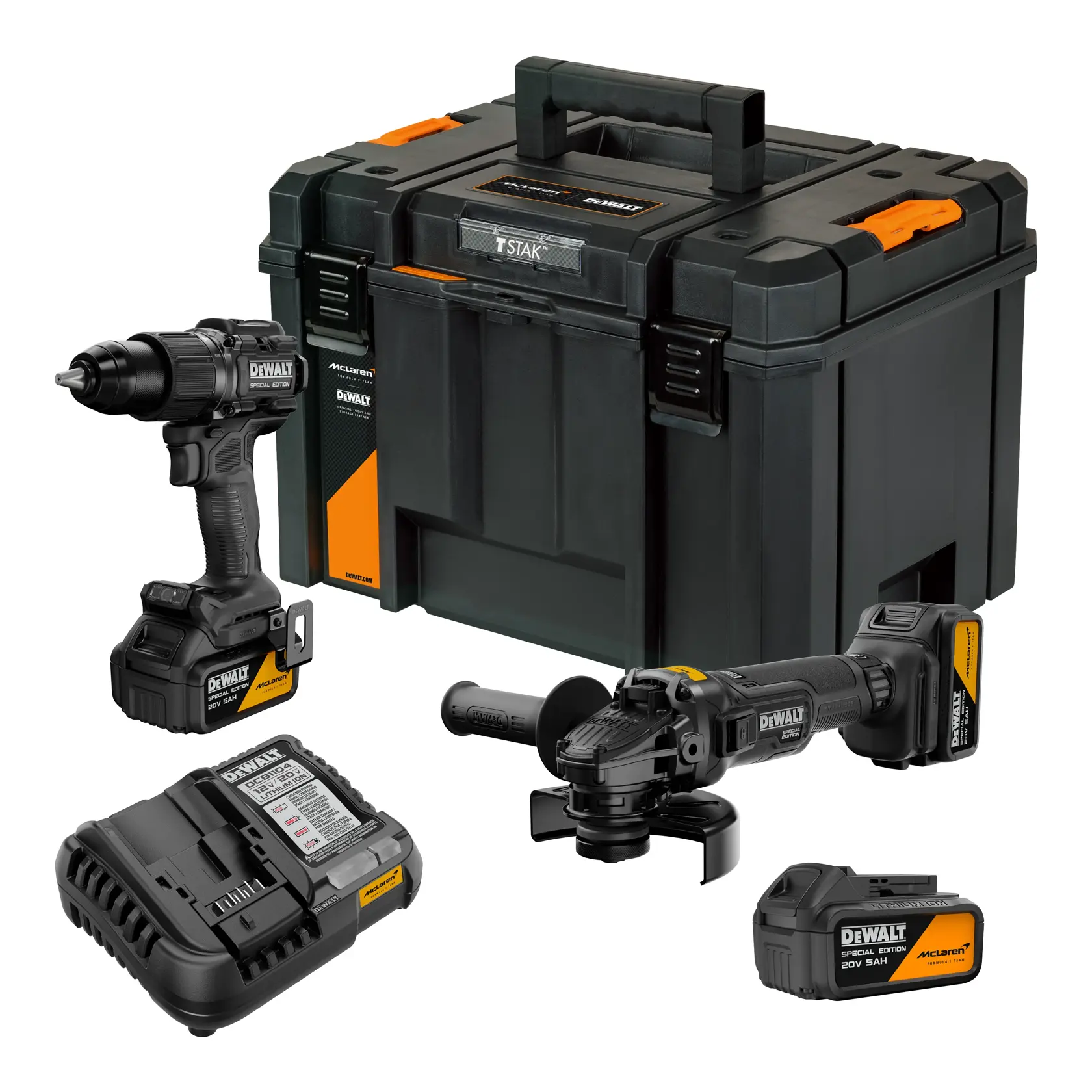 Un set de herramientas DEWALT que incluye una caja rígida negra y naranja, un taladro inalámbrico, una amoladora angular