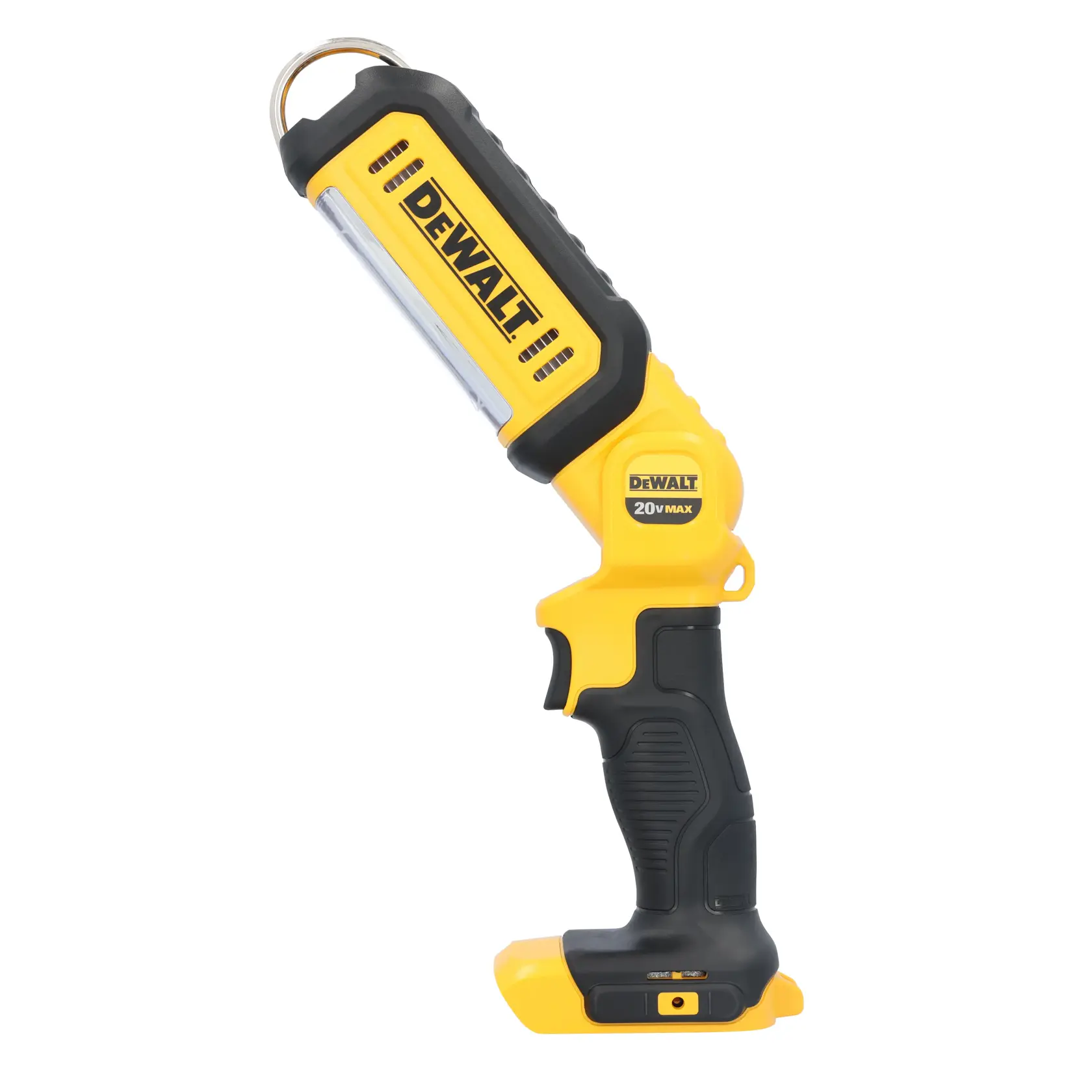 Luz de trabajo portátil DEWALT 20V MAX con un diseño amarillo y negro. La luz tiene una cabeza ajustable, un mango resistente y un gancho en la parte superior para colgar.