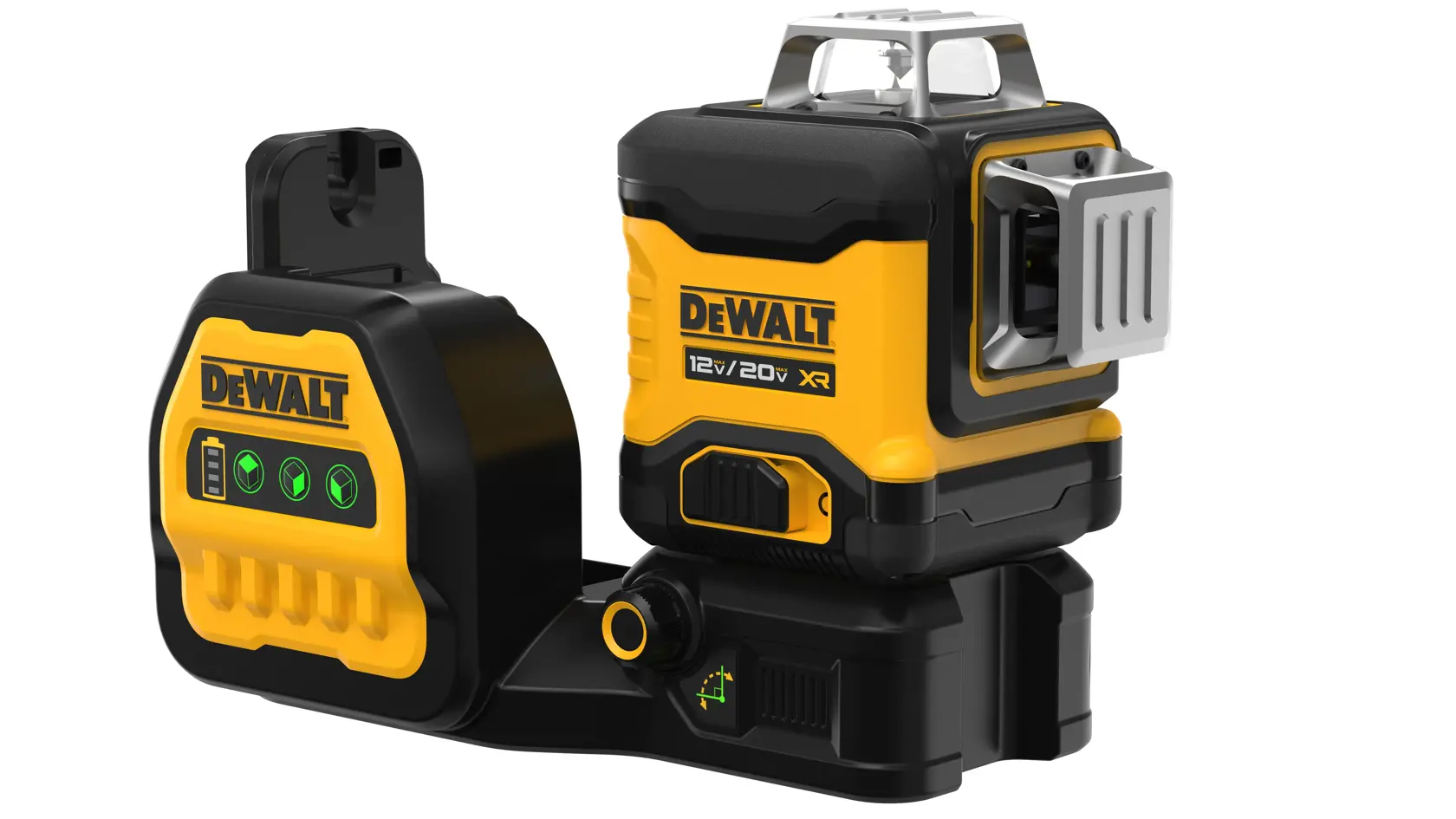 Un nivel láser DEWALT 12V/20V XR diseñado para tareas profesionales de alineación y nivelación. El dispositivo es principalmente negro y amarillo, con una interfaz de control fácil de leer y un soporte metálico para montaje.