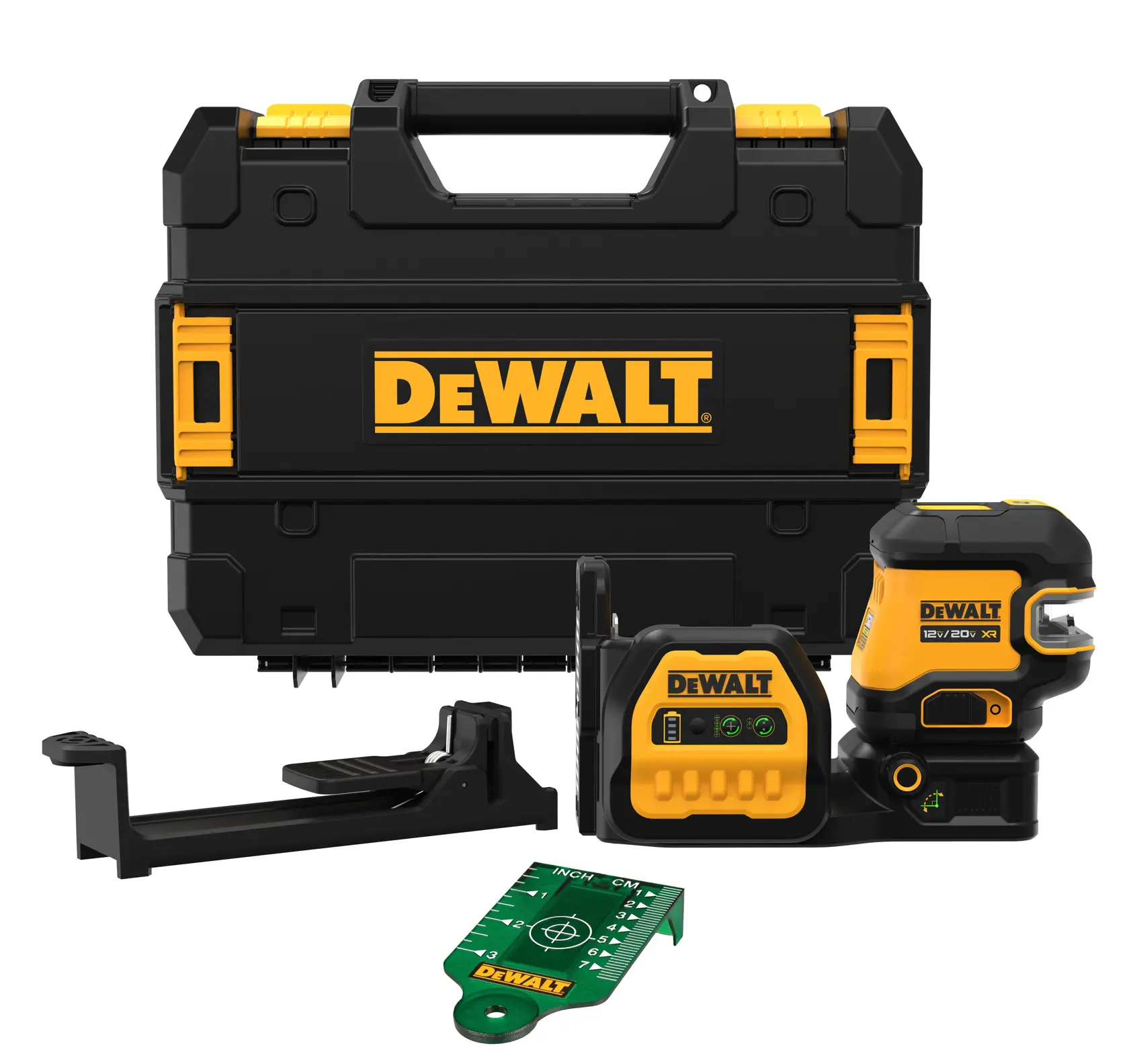 Un kit de nivel láser DEWALT que incluye un estuche rígido negro y amarillo, un dispositivo de nivel láser, un soporte de montaje y una tarjeta verde para medición de objetivos.