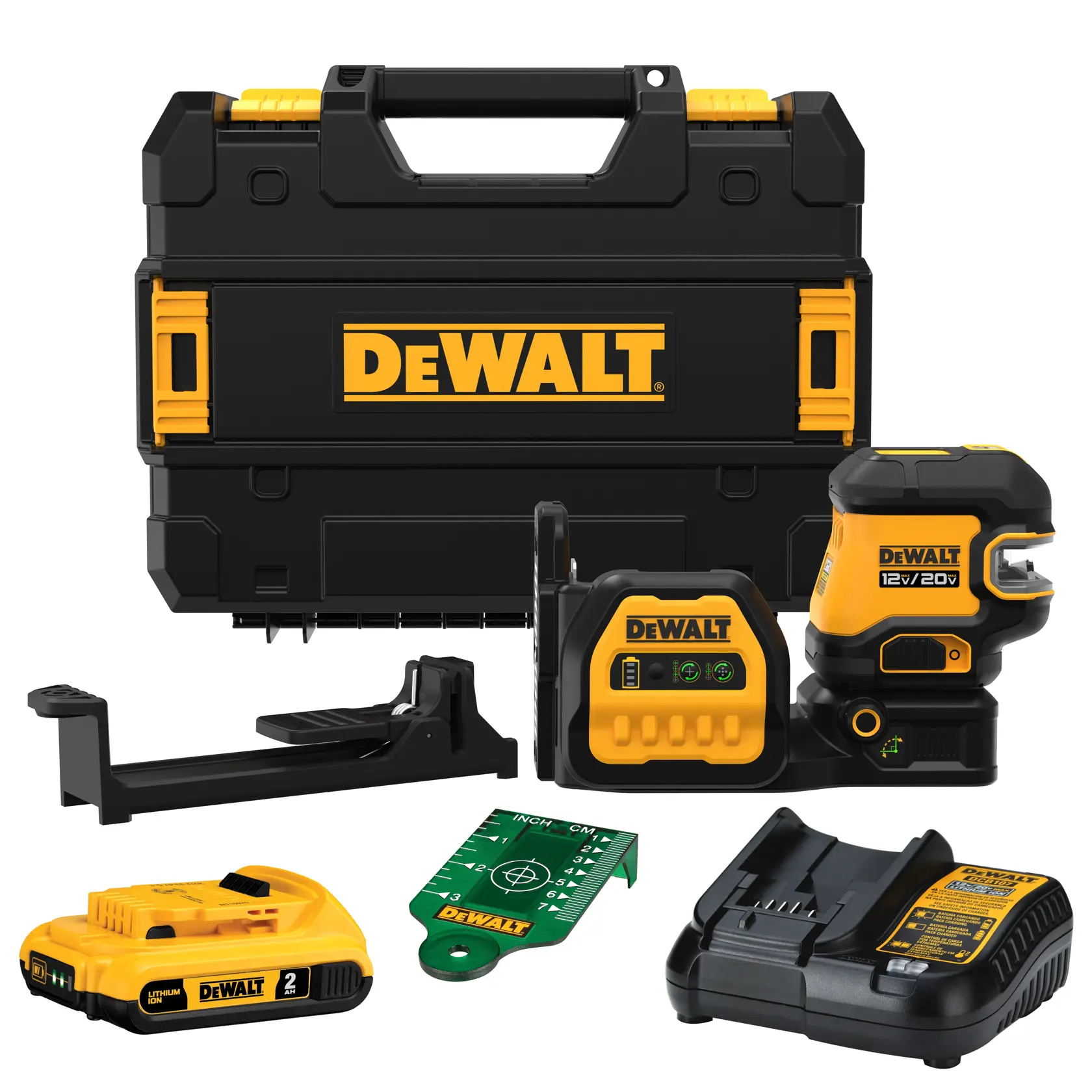 Un kit de fotografía DEWALT que incluye un maletín de transporte resistente negro y amarillo, herramienta de nivel láser, batería recargable, cargador de batería, guía de medición verde y accesorios de montaje. Todos los artículos están dispuestos juntos.