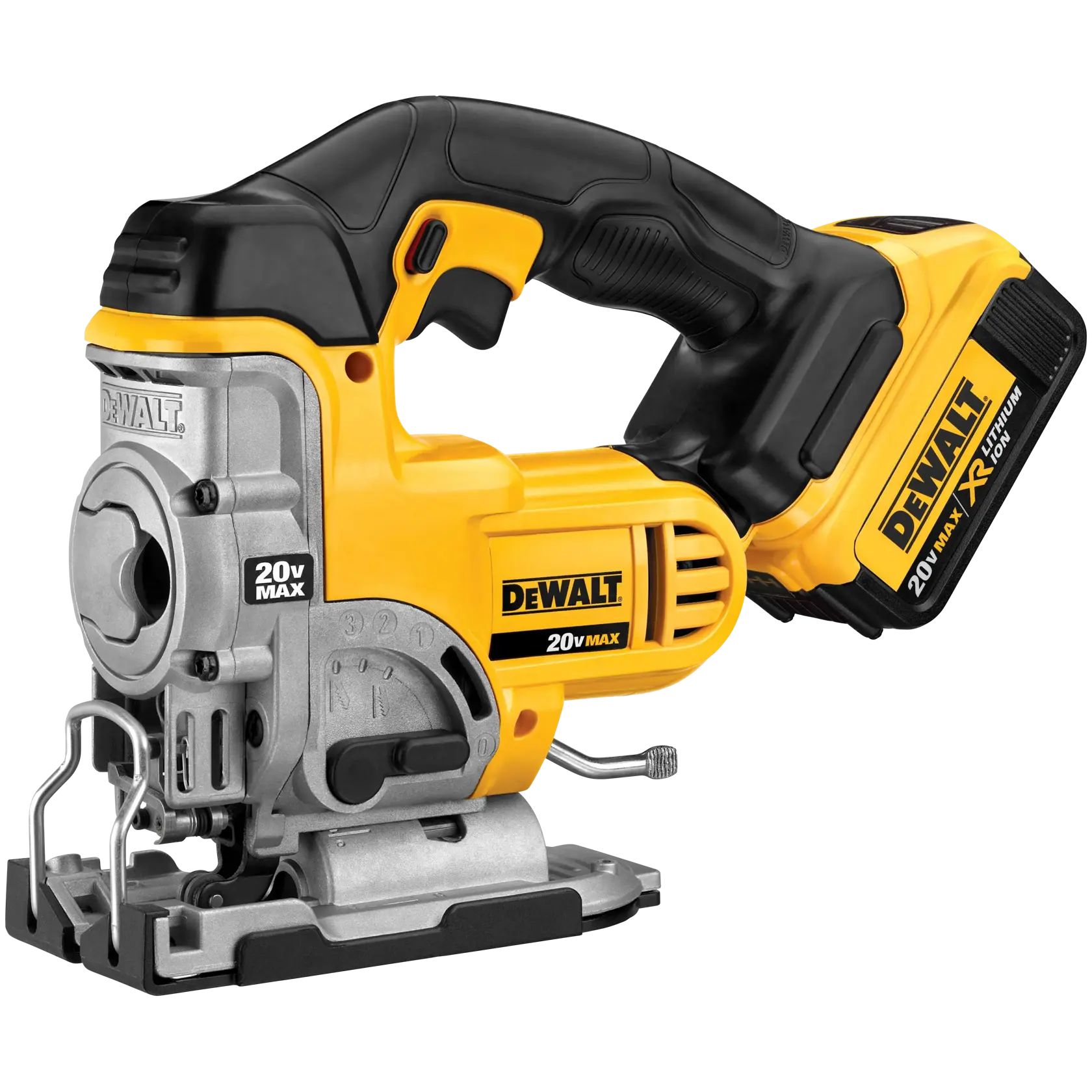 Una sierra caladora inalámbrica DEWALT 20V Max con diseño amarillo y negro, batería de ion de litio y mango ergonómico.