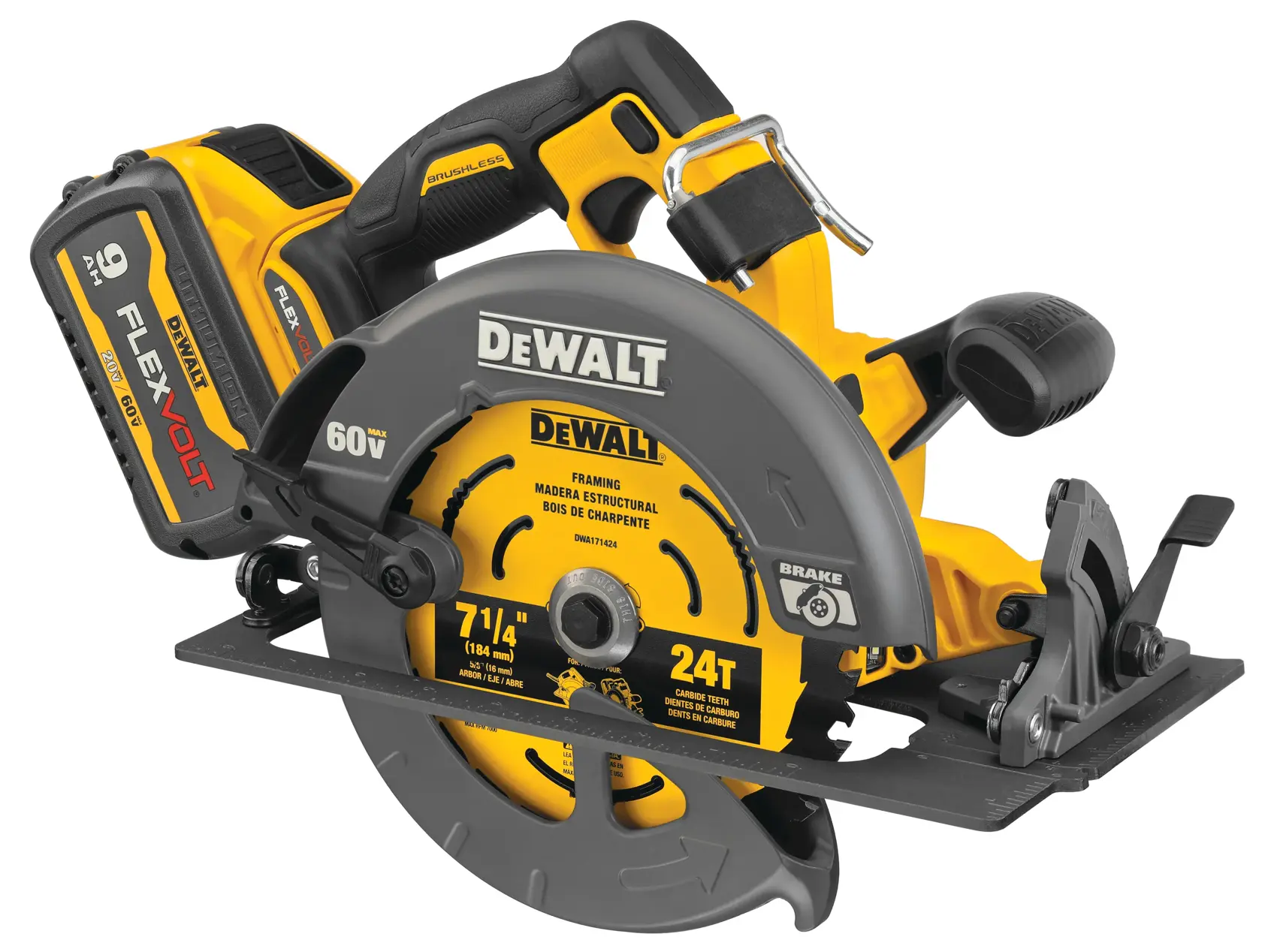 Una sierra circular inalámbrica DEWALT de 60V sin escobillas con batería FLEXVOLT de 9Ah, que muestra un diseño amarillo y negro y una hoja de 7-1/4 pulgadas marcada para trabajos de estructura con 24 dientes.
