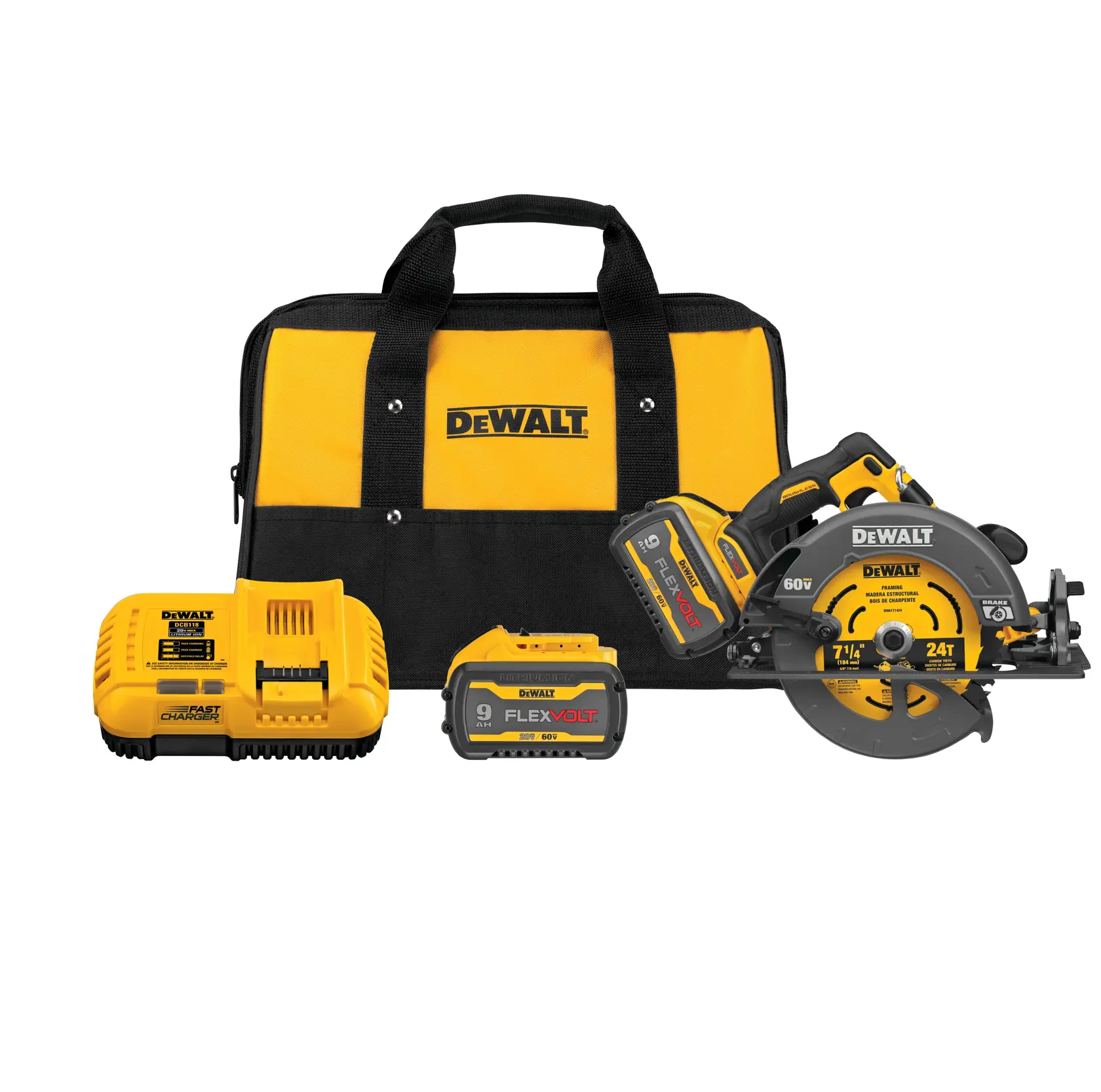 Un set DEWALT que incluye una bolsa de transporte amarilla y negra, un cargador de batería DEWALT, dos baterías DEWALT FlexVolt y una sierra circular inalámbrica, todos de la marca y organizados juntos.