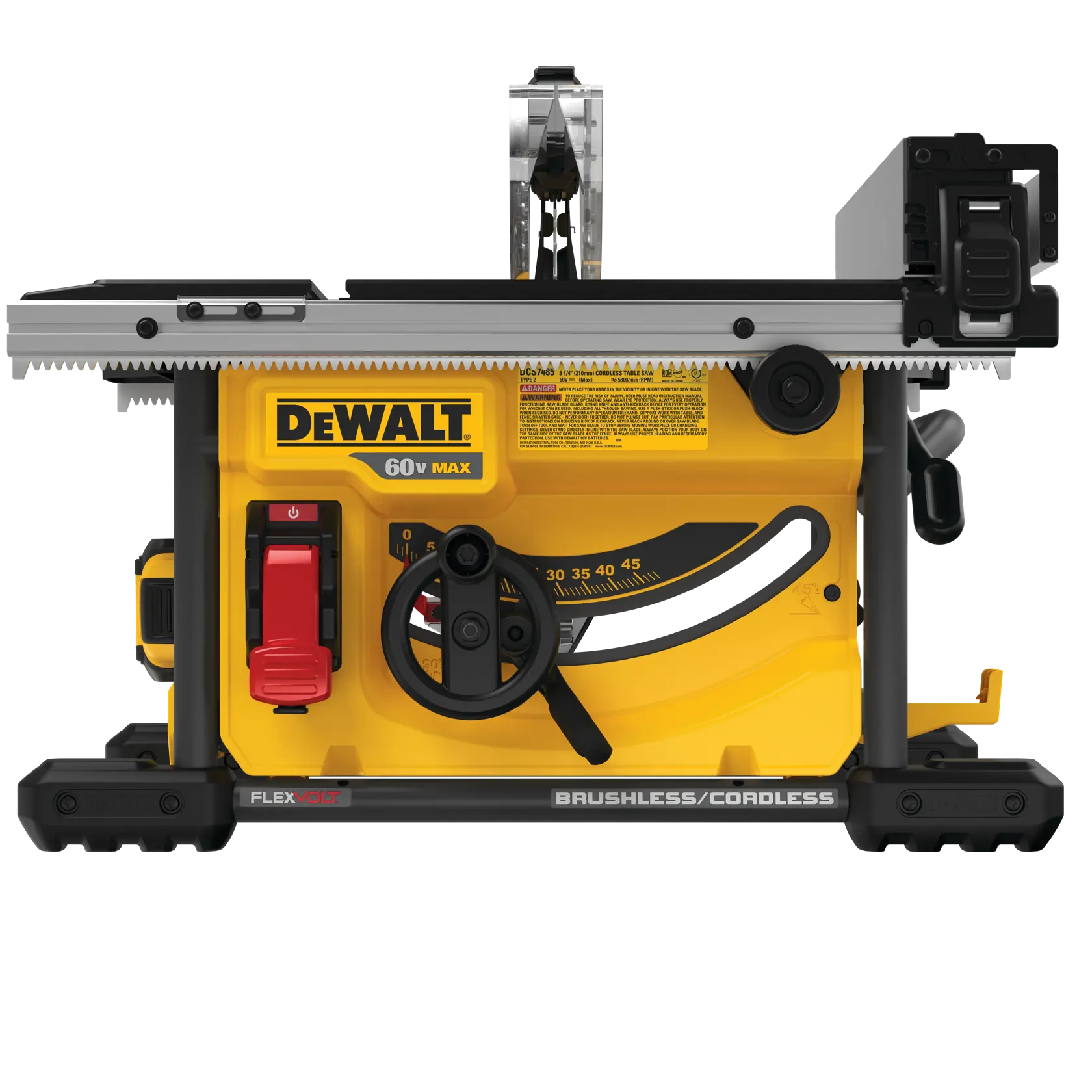 Vista frontal de una sierra de mesa inalámbrica sin escobillas DEWALT 60V Max, mostrando el cuerpo amarillo y negro con interruptores de control, dial de ajuste y protector de hoja.